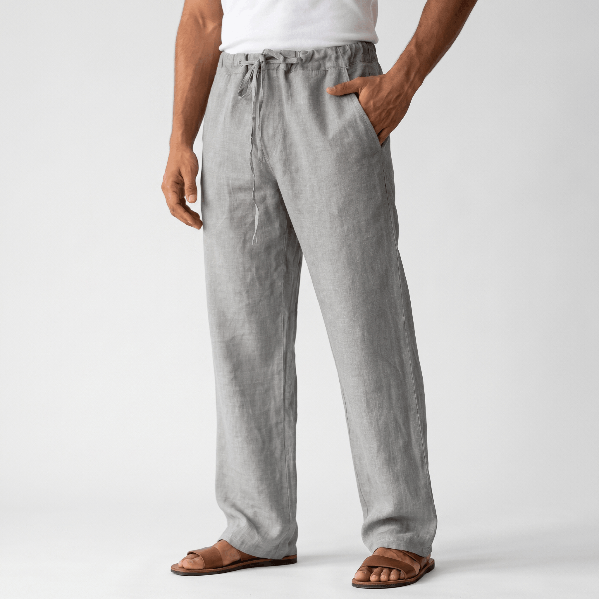 Aurelio Casual Linen Trousers – Elastic Drawstring Waist Relaxed Straight Leg Casual Summer Bottoms