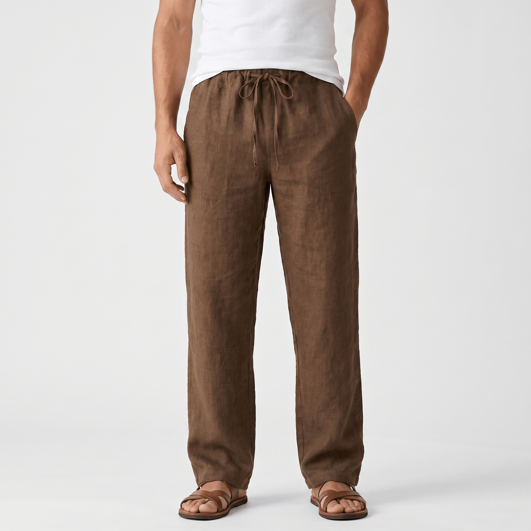 Aurelio Casual Linen Trousers – Elastic Drawstring Waist Relaxed Straight Leg Casual Summer Bottoms