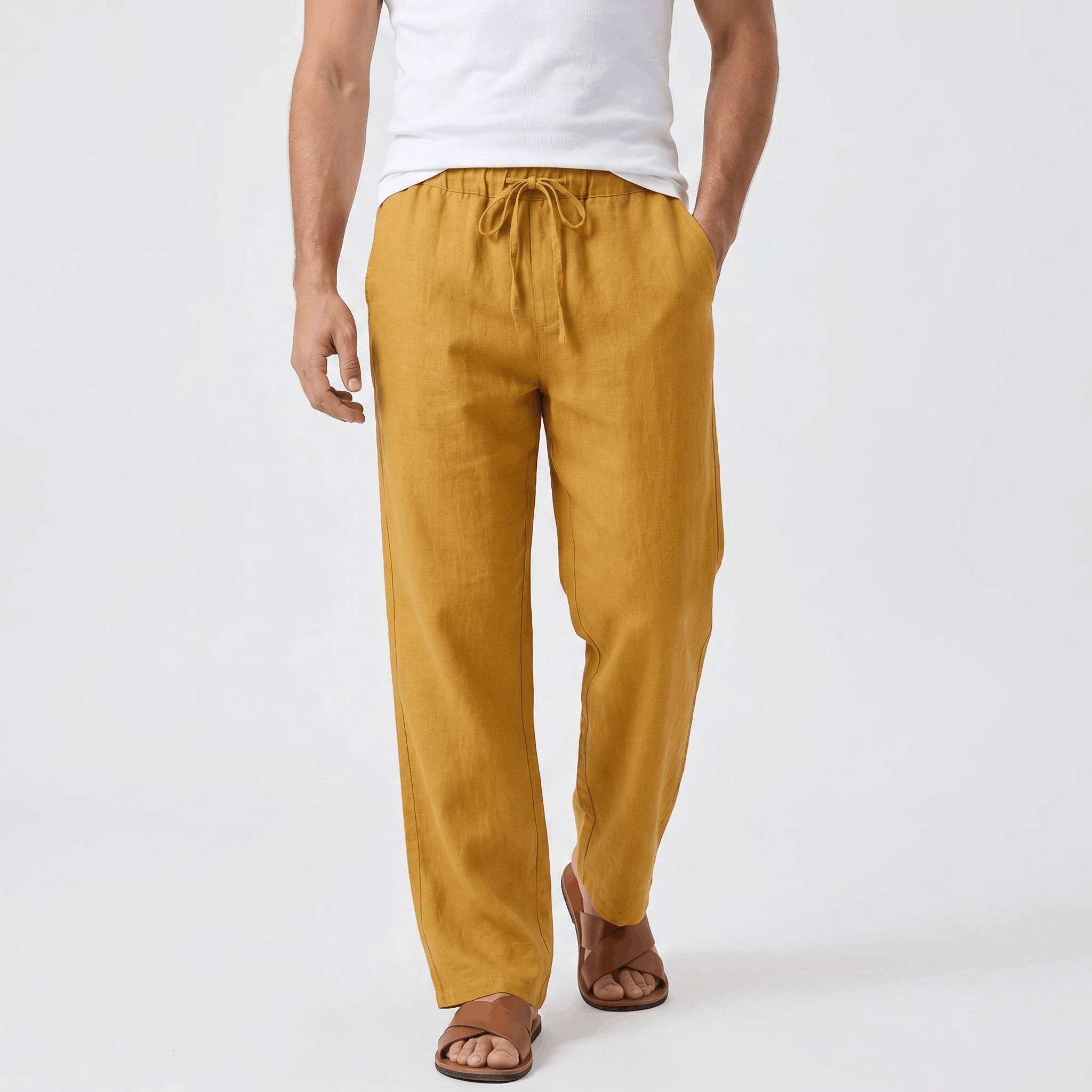 Aurelio Casual Linen Trousers – Elastic Drawstring Waist Relaxed Straight Leg Casual Summer Bottoms