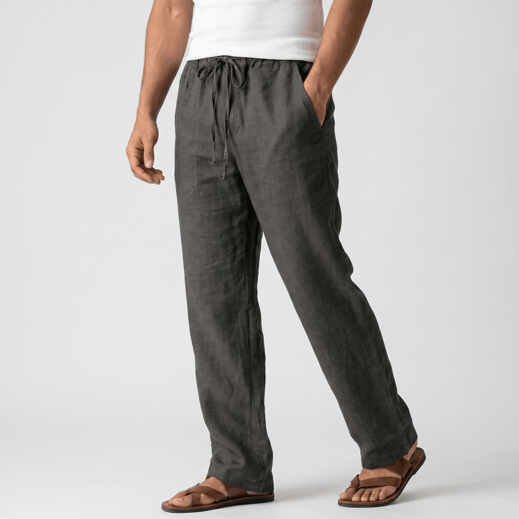 Aurelio Casual Linen Trousers – Elastic Drawstring Waist Relaxed Straight Leg Casual Summer Bottoms