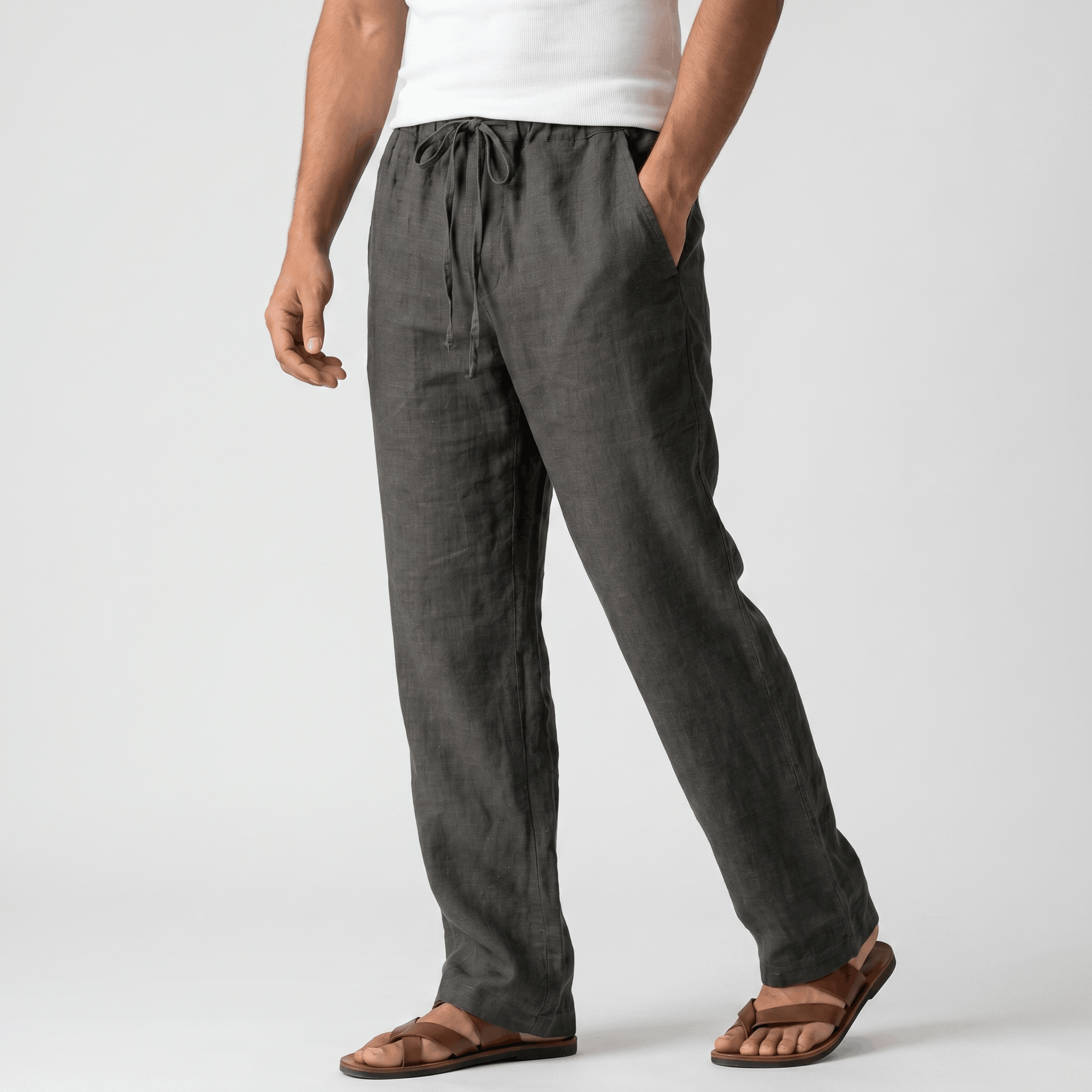 Aurelio Casual Linen Trousers – Elastic Drawstring Waist Relaxed Straight Leg Casual Summer Bottoms