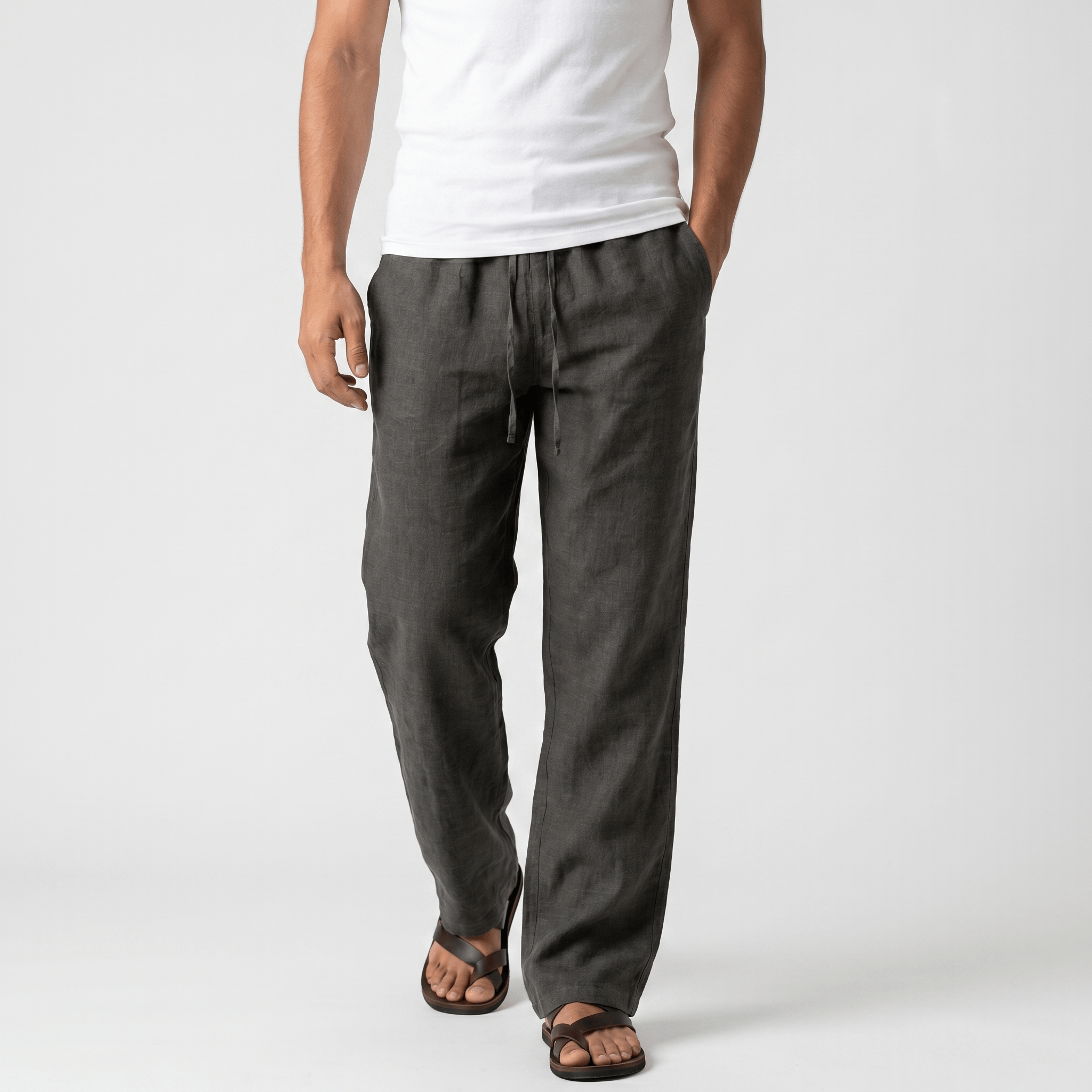 Aurelio Casual Linen Trousers – Elastic Drawstring Waist Relaxed Straight Leg Casual Summer Bottoms