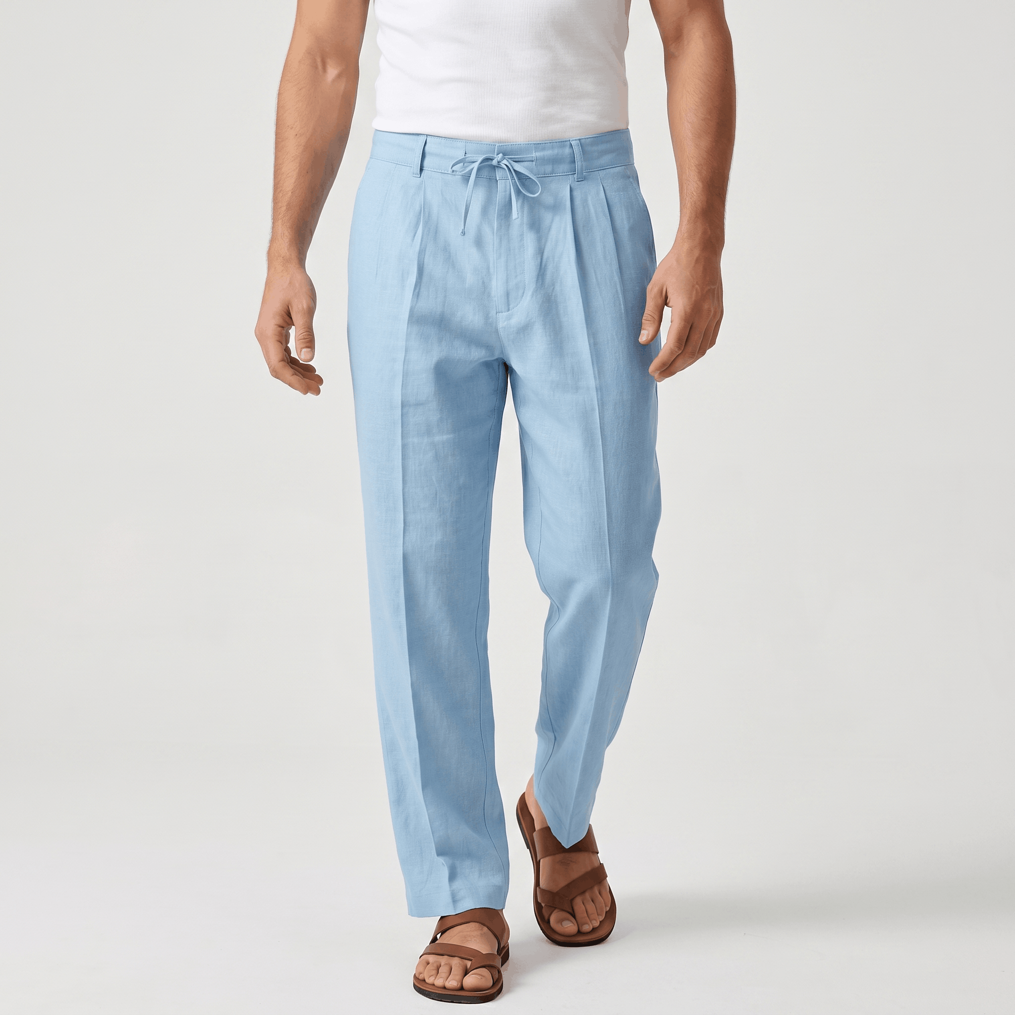 Dante Linen Blend Wide Leg Trousers – Pleated Front Drawstring High Waist Casual Smart Bottoms