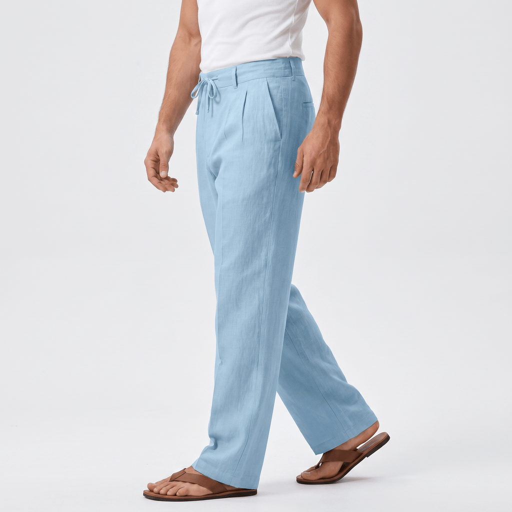 Dante Linen Blend Wide Leg Trousers – Pleated Front Drawstring High Waist Casual Smart Bottoms