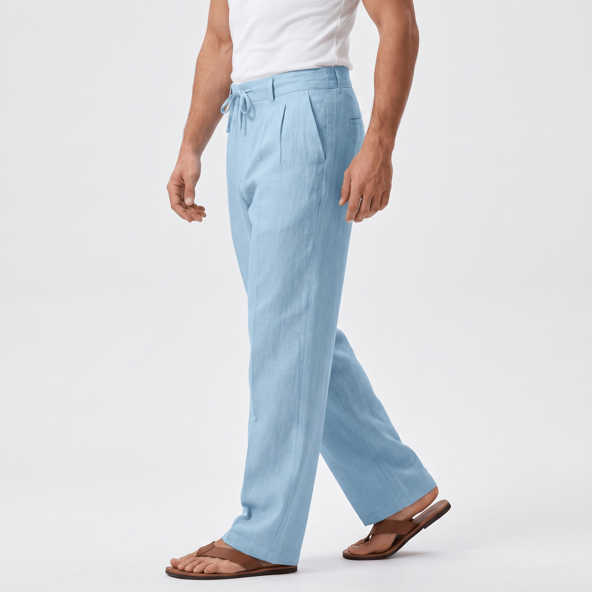 Dante Linen Blend Wide Leg Trousers – Pleated Front Drawstring High Waist Casual Smart Bottoms