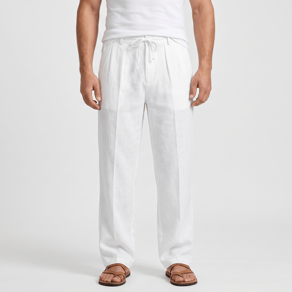 Dante Linen Blend Wide Leg Trousers – Pleated Front Drawstring High Waist Casual Smart Bottoms