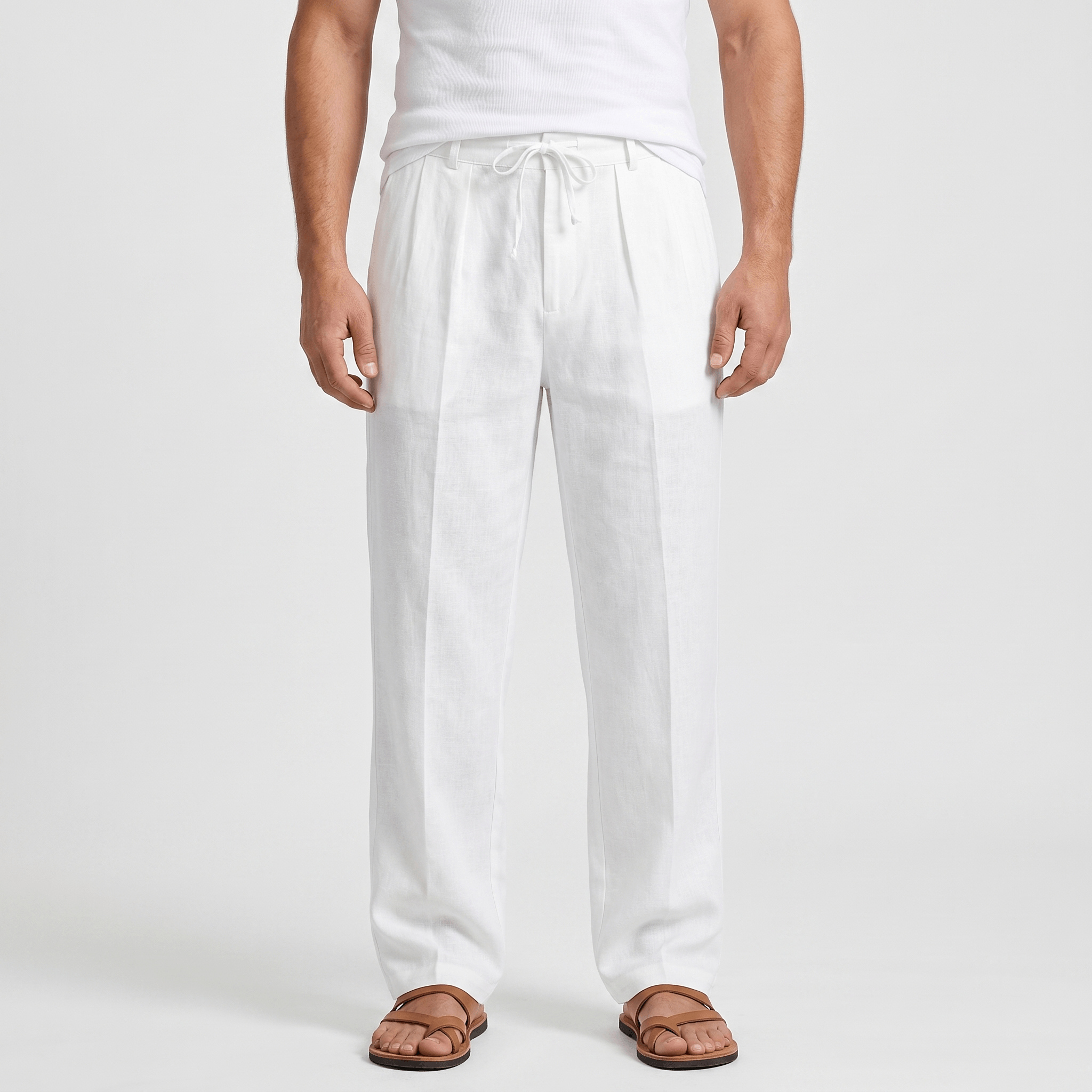 Dante Linen Blend Wide Leg Trousers – Pleated Front Drawstring High Waist Casual Smart Bottoms