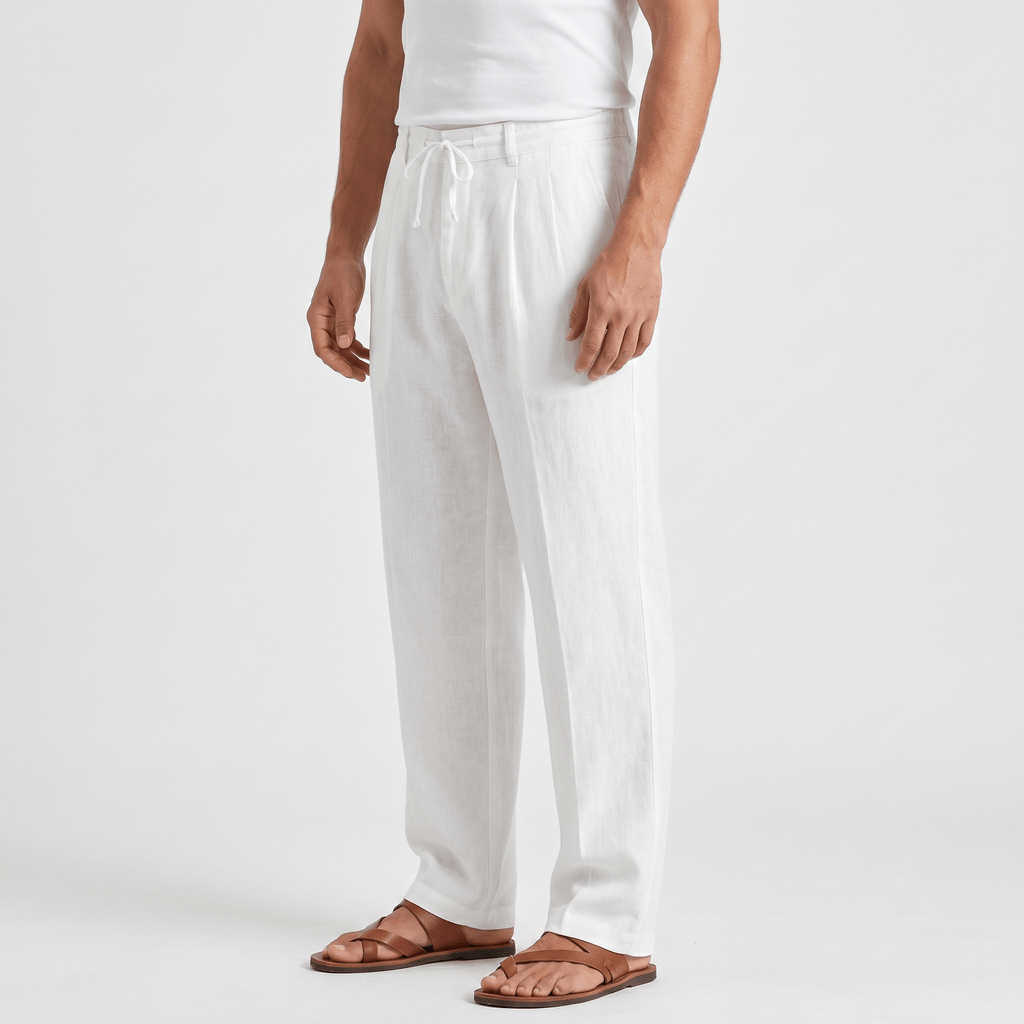 Dante Linen Blend Wide Leg Trousers – Pleated Front Drawstring High Waist Casual Smart Bottoms