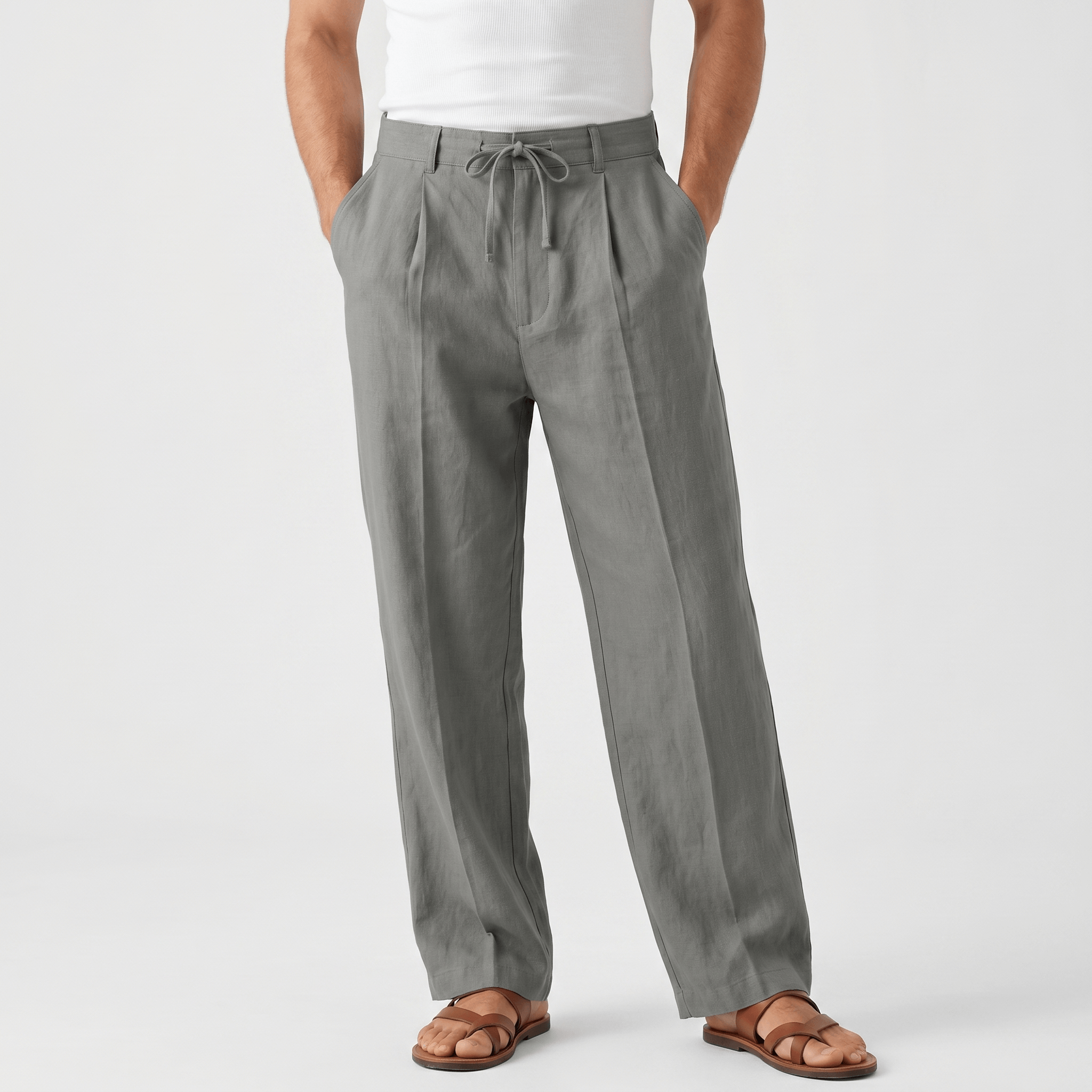 Dante Linen Blend Wide Leg Trousers – Pleated Front Drawstring High Waist Casual Smart Bottoms