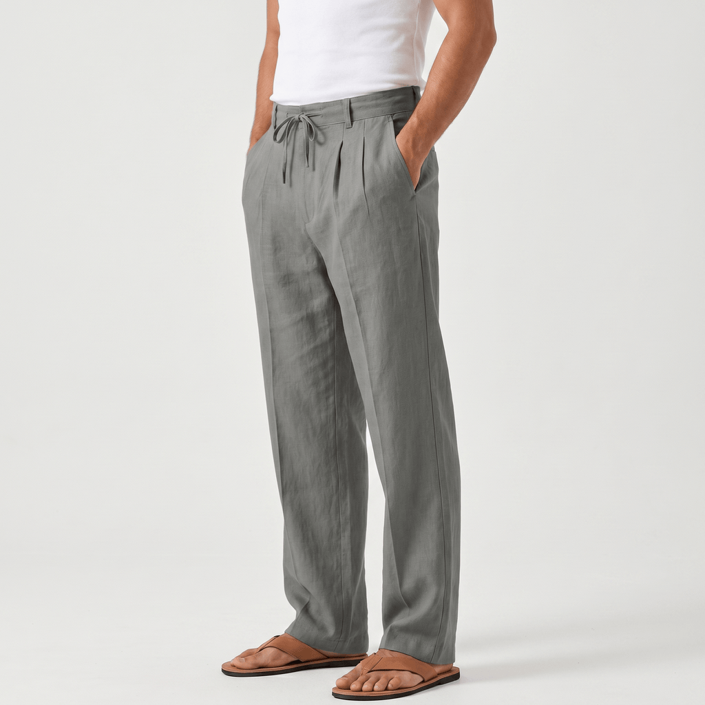 Dante Linen Blend Wide Leg Trousers – Pleated Front Drawstring High Waist Casual Smart Bottoms
