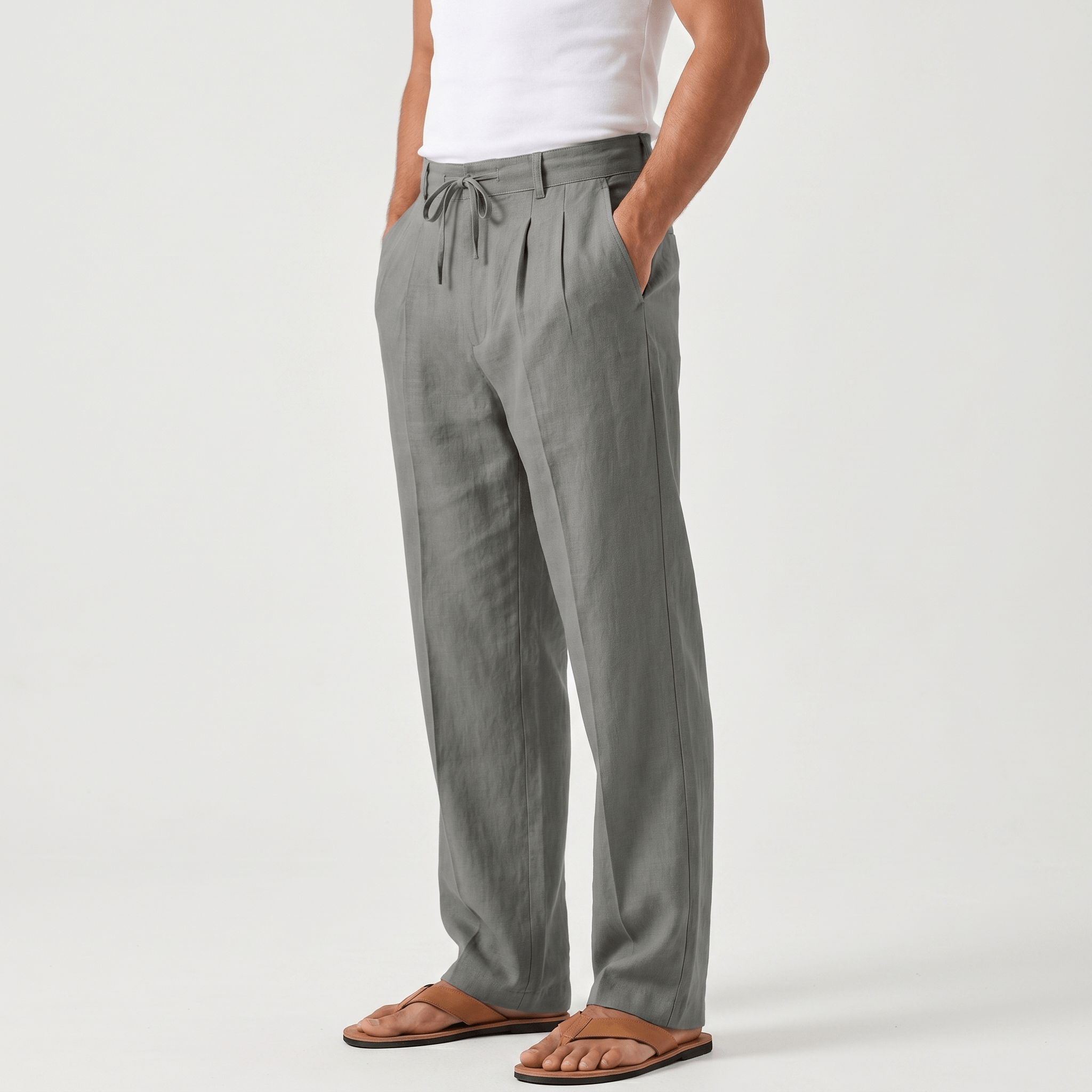 Dante Linen Blend Wide Leg Trousers – Pleated Front Drawstring High Waist Casual Smart Bottoms