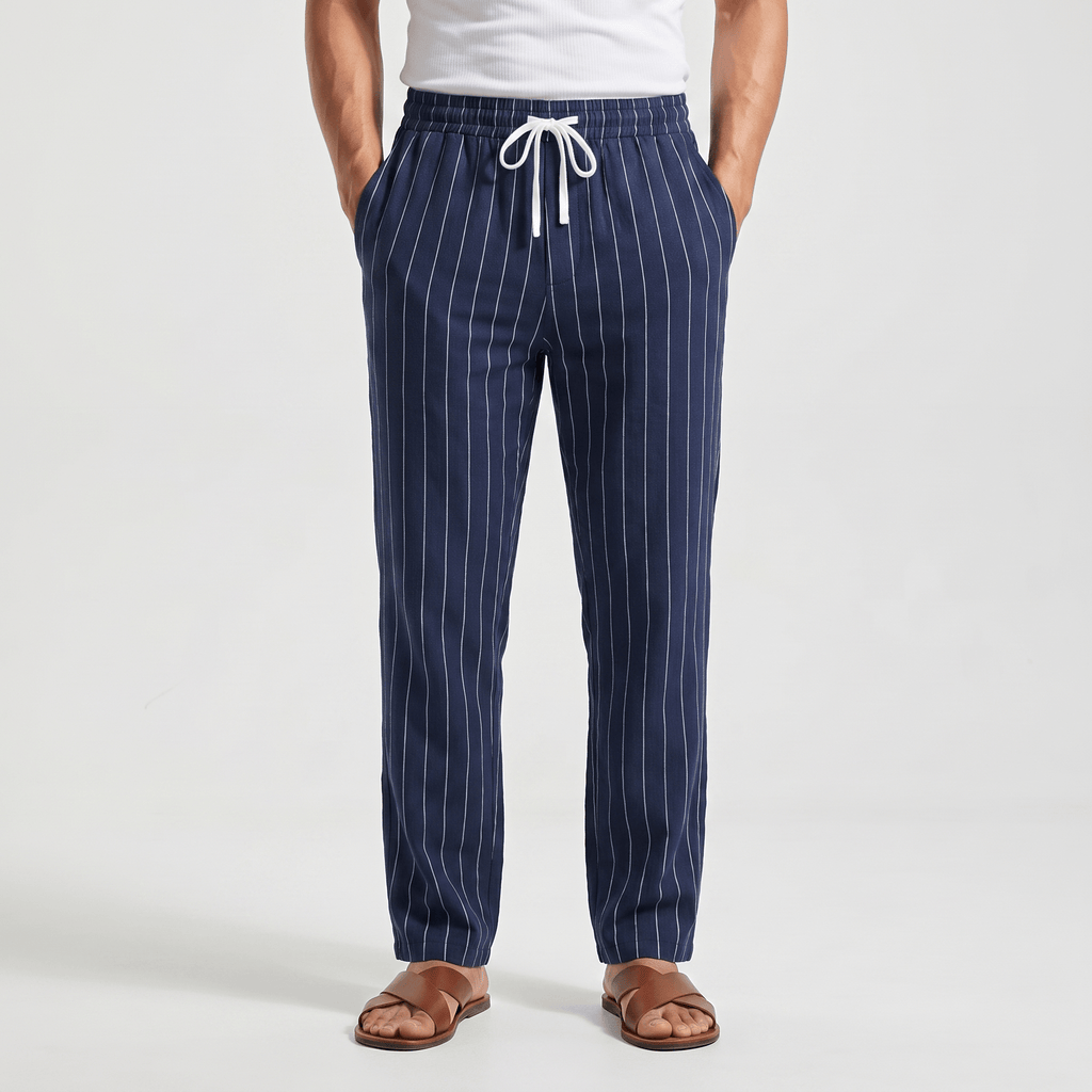 Louis Linen Blend Trousers – Relaxed Pinstripe Drawstring Resort Pants
