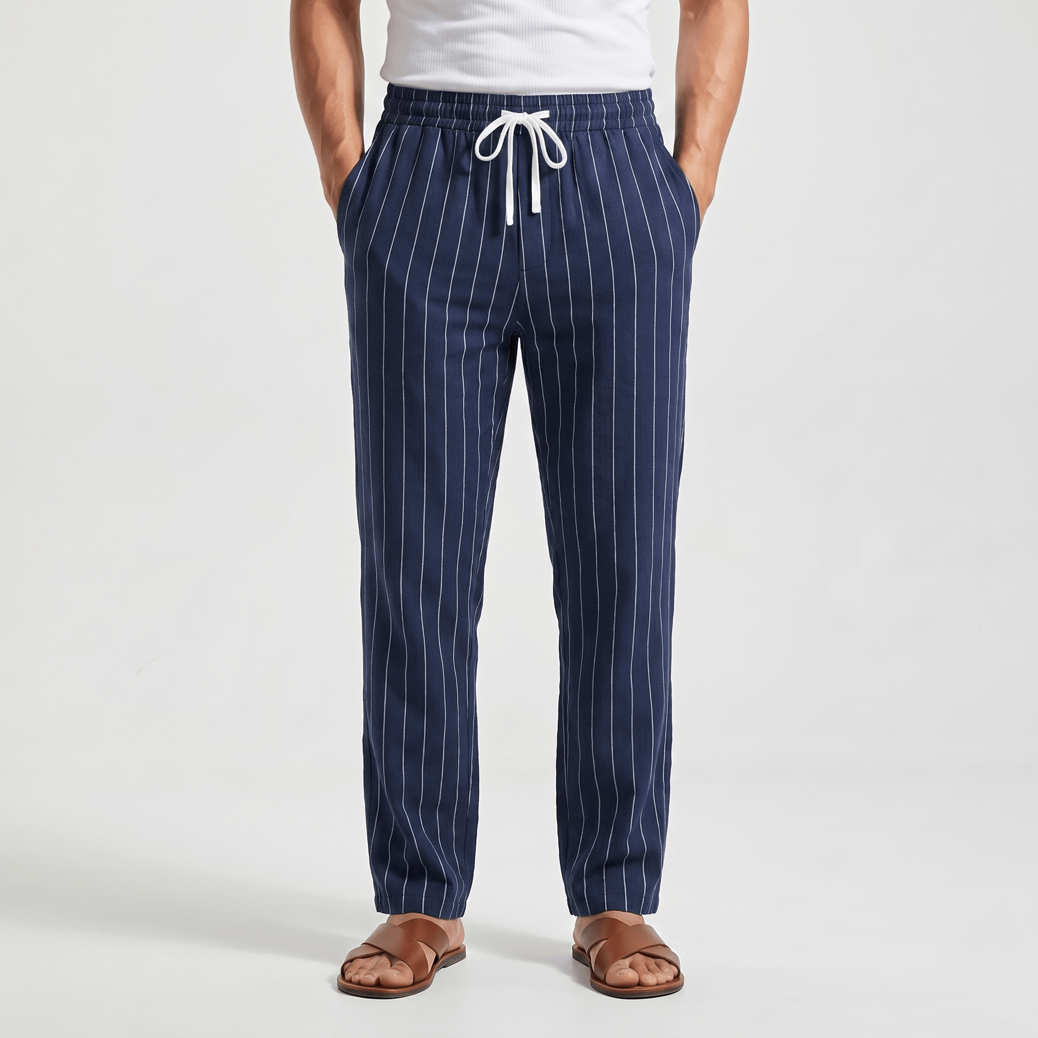 Louis Linen Blend Trousers – Relaxed Pinstripe Drawstring Resort Pants