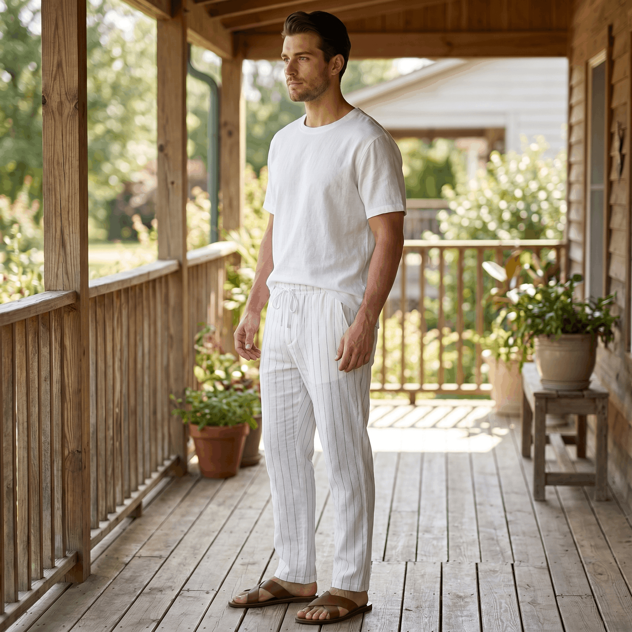 Louis Linen Blend Trousers – Relaxed Pinstripe Drawstring Resort Pants