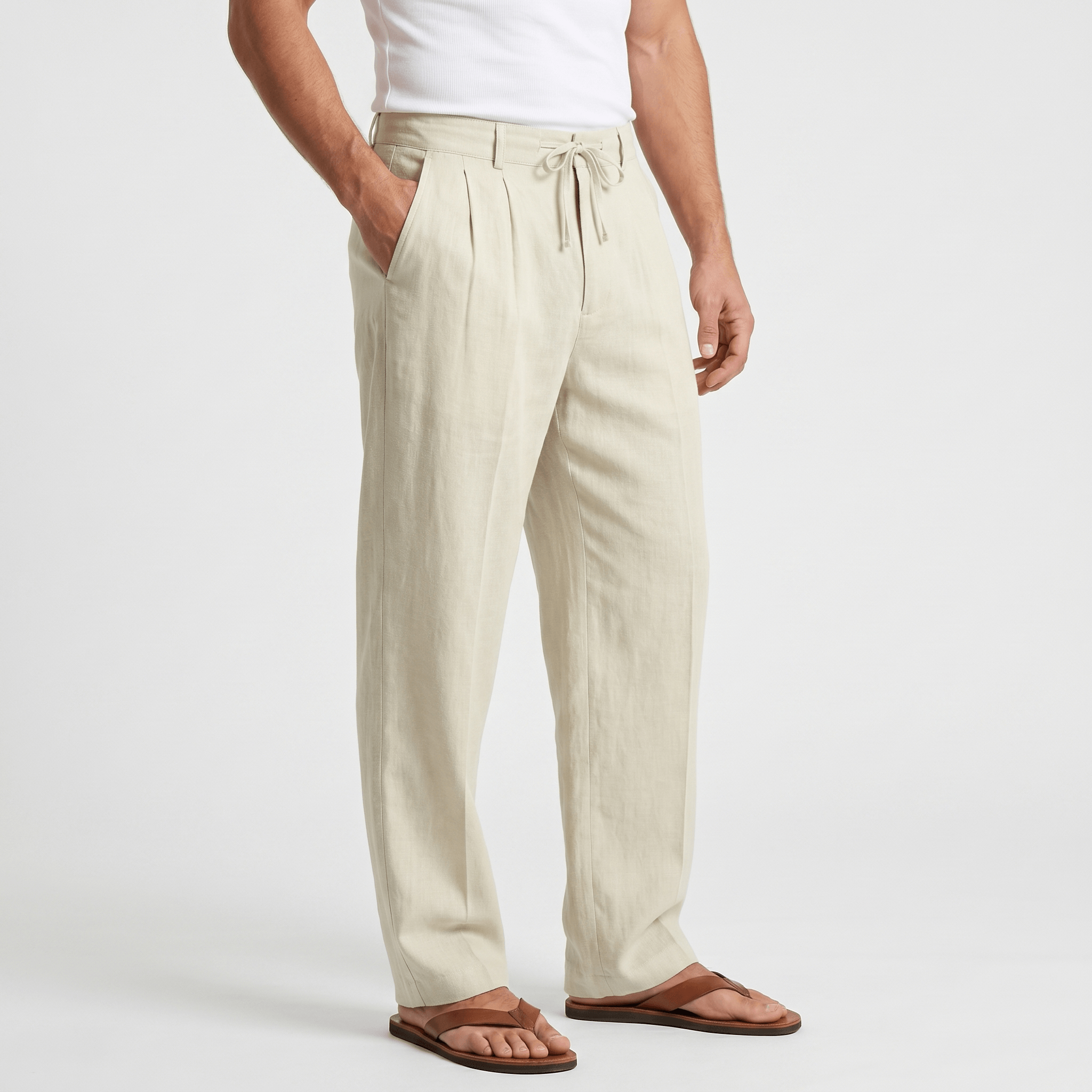 Dante Linen Blend Wide Leg Trousers – Pleated Front Drawstring High Waist Casual Smart Bottoms