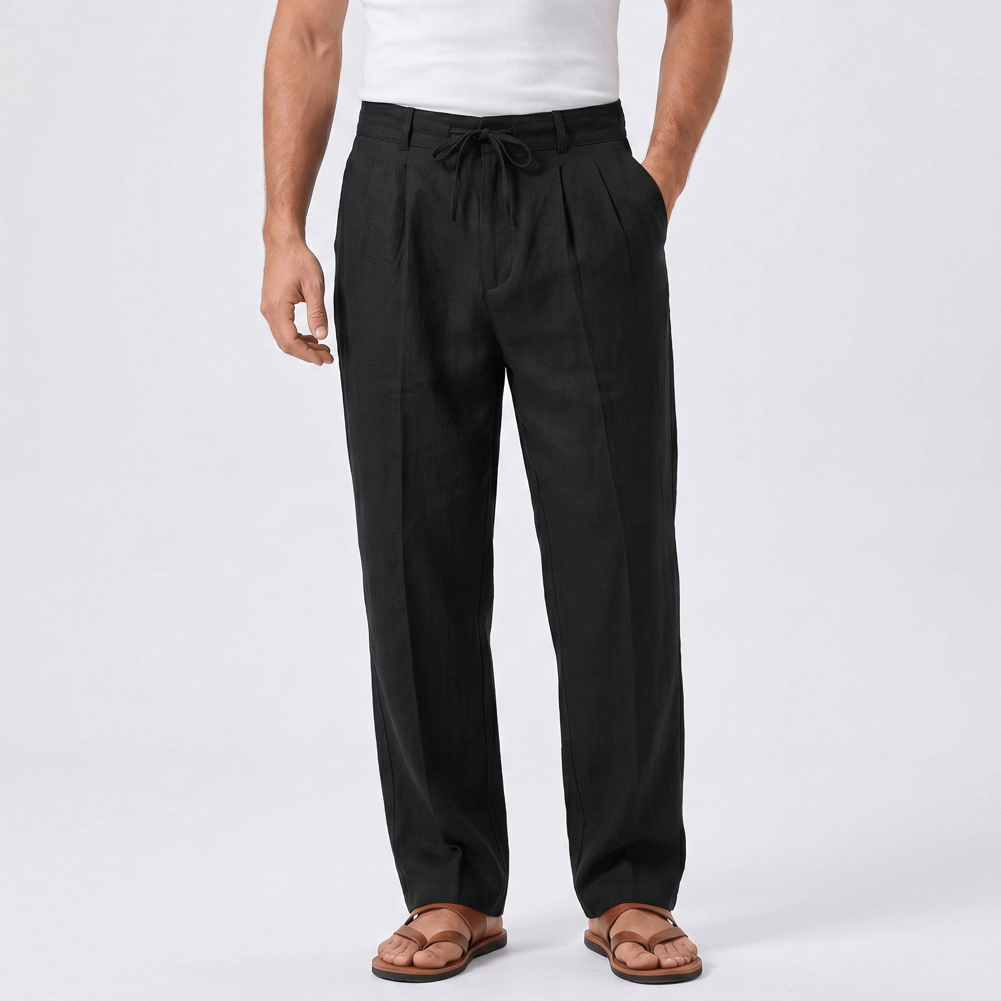 Dante Linen Blend Wide Leg Trousers – Pleated Front Drawstring High Waist Casual Smart Bottoms