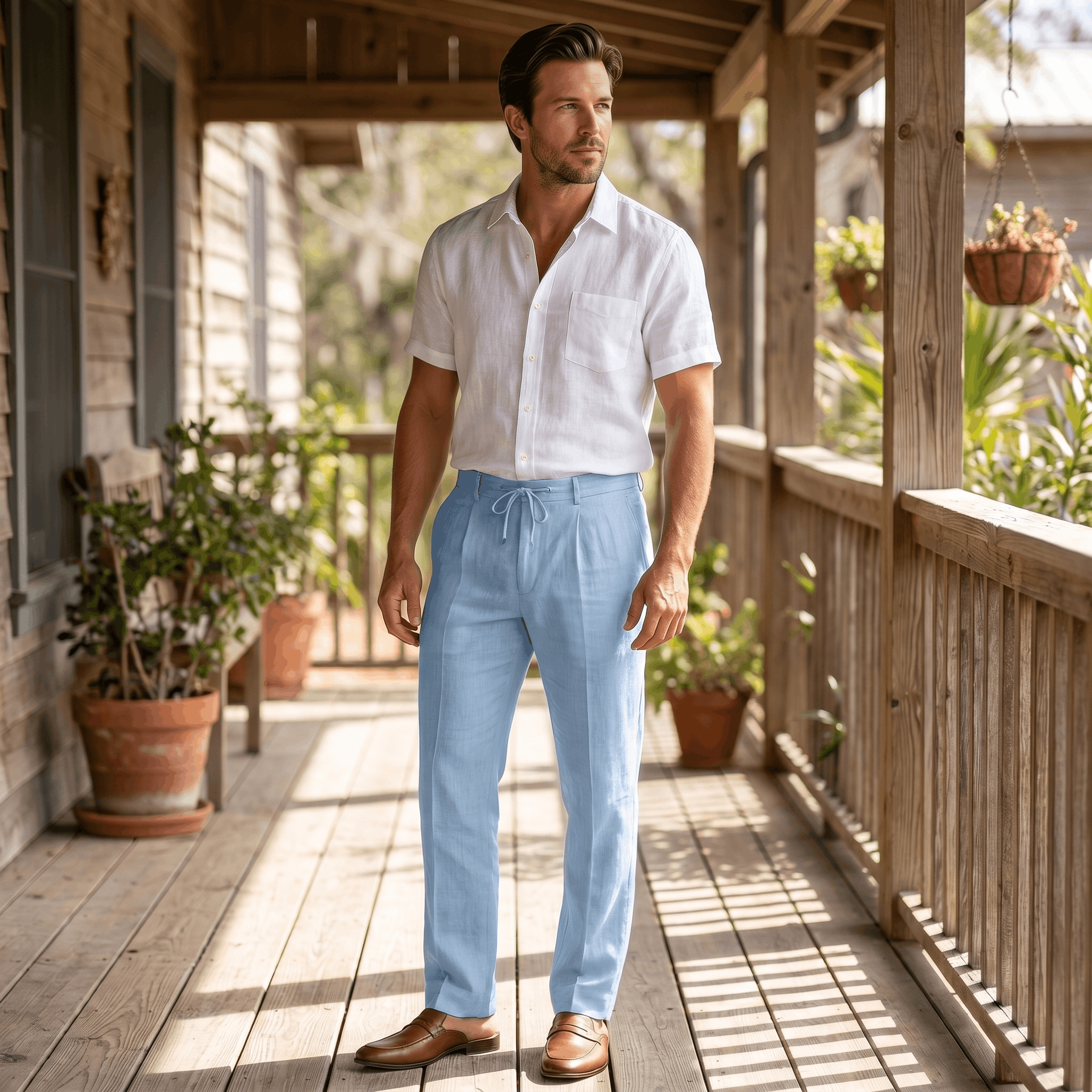 Dante Linen Blend Wide Leg Trousers – Pleated Front Drawstring High Waist Casual Smart Bottoms