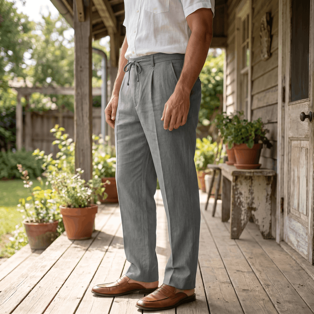 Dante Linen Blend Wide Leg Trousers – Pleated Front Drawstring High Waist Casual Smart Bottoms