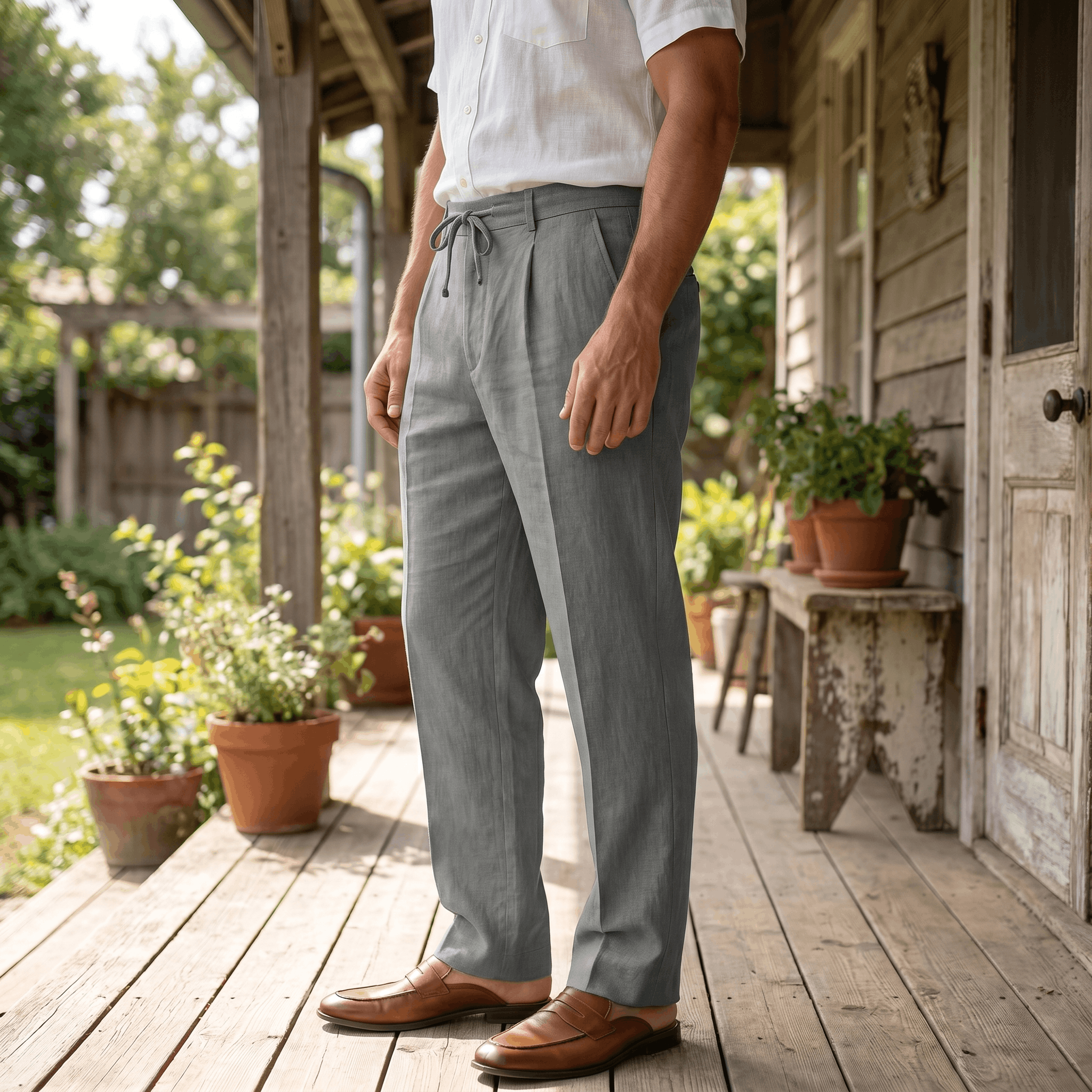Dante Linen Blend Wide Leg Trousers – Pleated Front Drawstring High Waist Casual Smart Bottoms