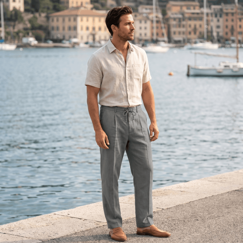 Dante Linen Blend Wide Leg Trousers – Pleated Front Drawstring High Waist Casual Smart Bottoms