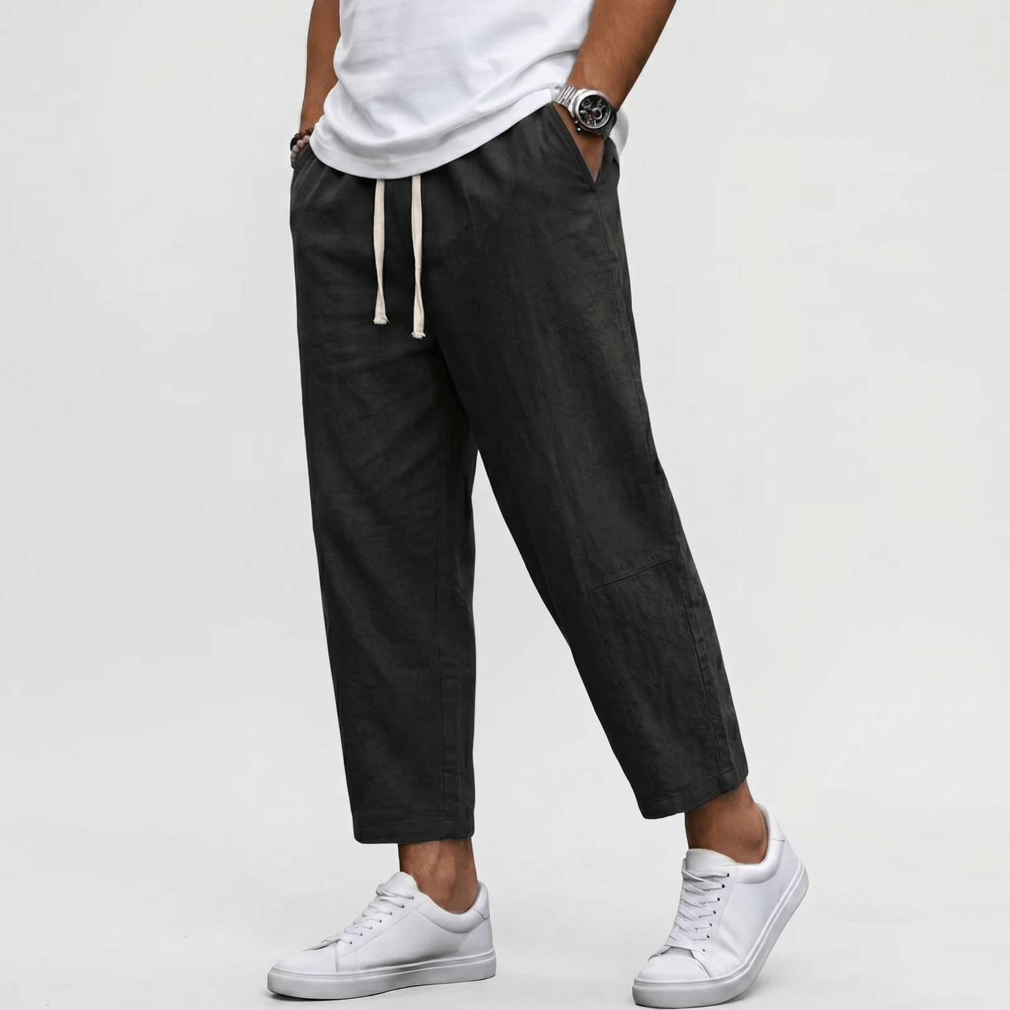 Matteo Cropped Linen Pants – Elastic Drawstring Breathable Relaxed Summer Bottoms