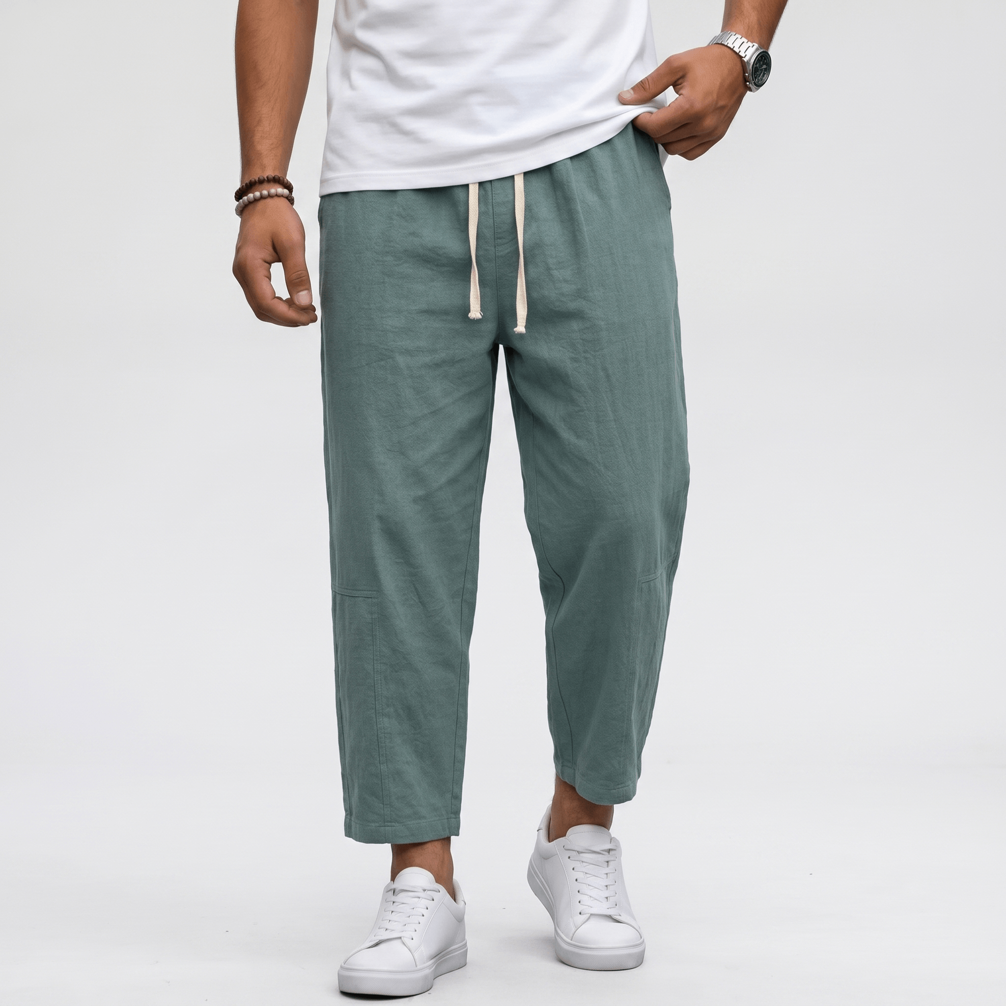 Matteo Cropped Linen Pants – Elastic Drawstring Breathable Relaxed Summer Bottoms