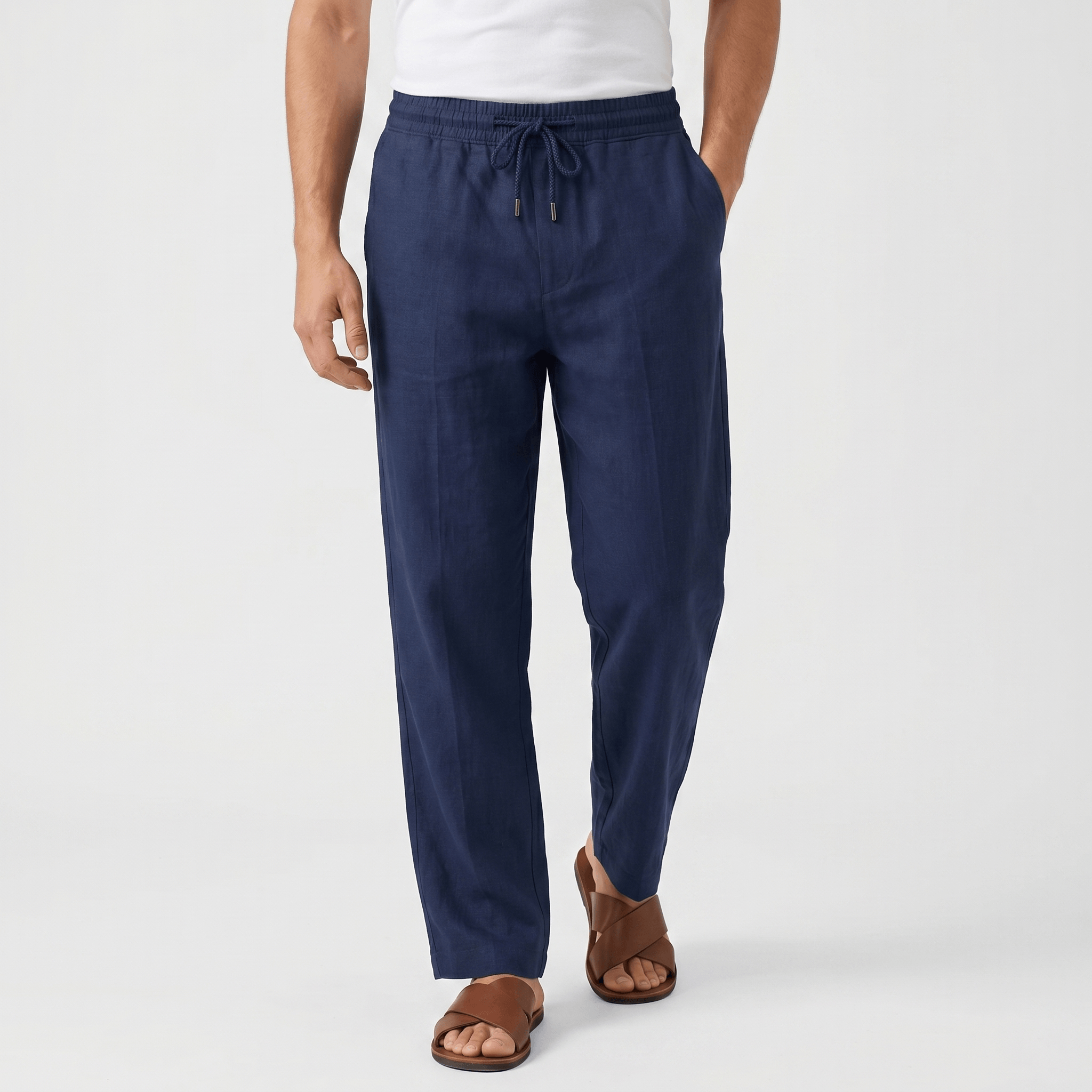 Rafael Drawstring Linen Trousers – Smocked Elastic Waist Straight Leg Relaxed Casual Bottoms