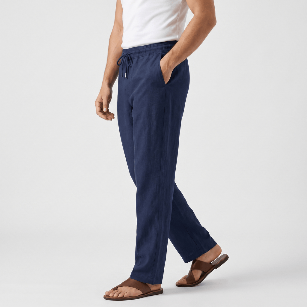 Rafael Drawstring Linen Trousers – Smocked Elastic Waist Straight Leg Relaxed Casual Bottoms