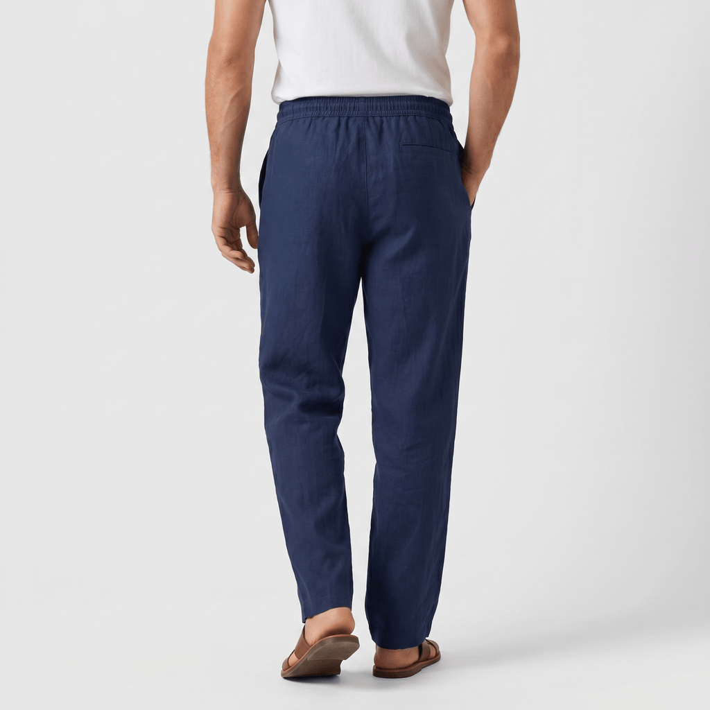 Rafael Drawstring Linen Trousers – Smocked Elastic Waist Straight Leg Relaxed Casual Bottoms