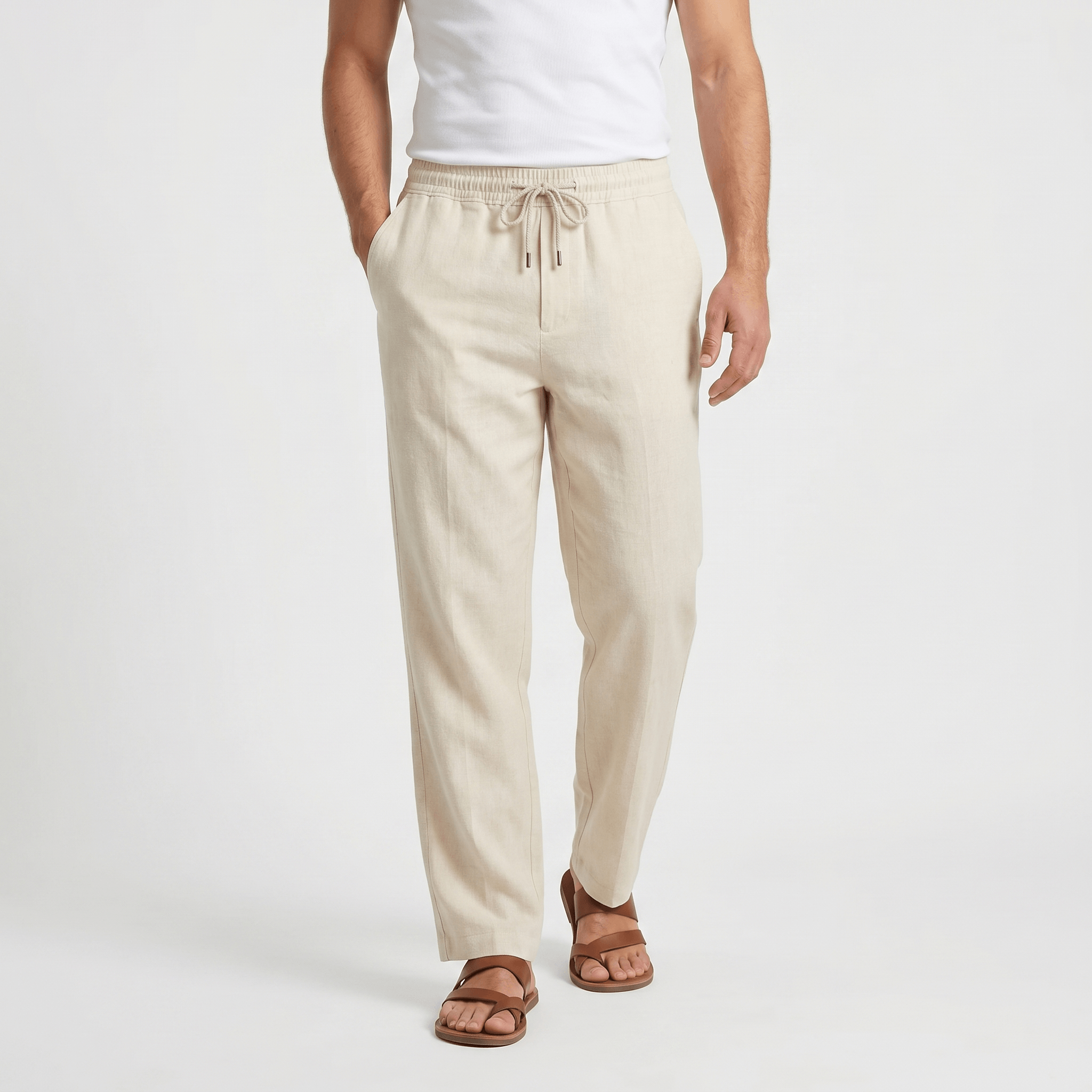 Rafael Drawstring Linen Trousers – Smocked Elastic Waist Straight Leg Relaxed Casual Bottoms