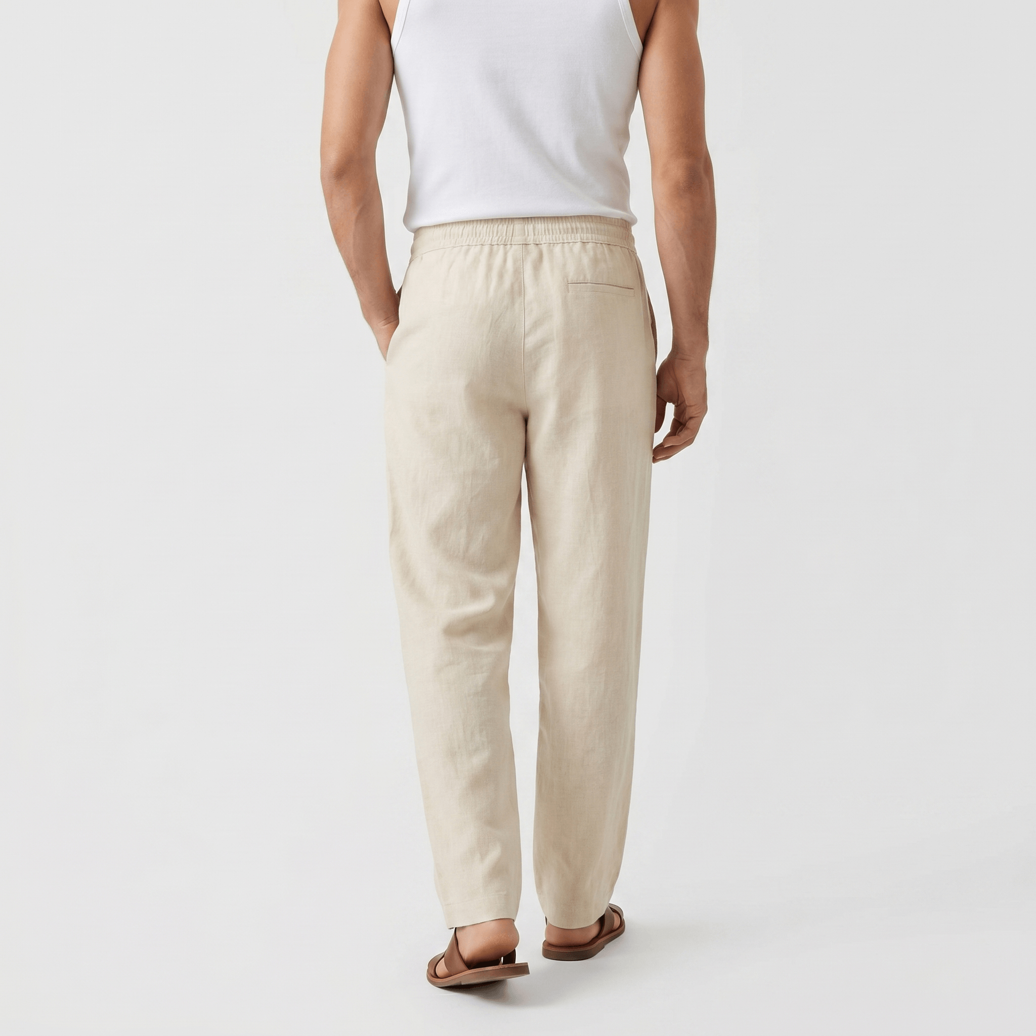 Rafael Drawstring Linen Trousers – Smocked Elastic Waist Straight Leg Relaxed Casual Bottoms