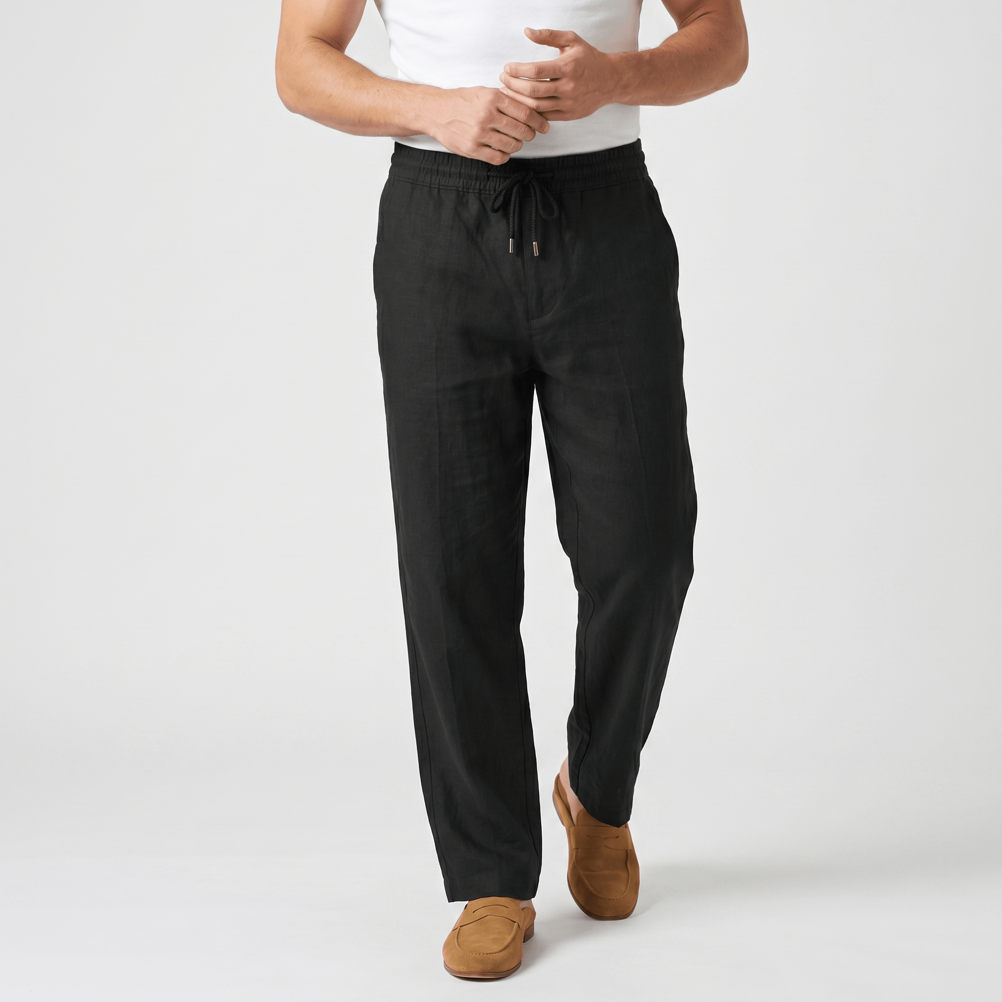 Rafael Drawstring Linen Trousers – Smocked Elastic Waist Straight Leg Relaxed Casual Bottoms