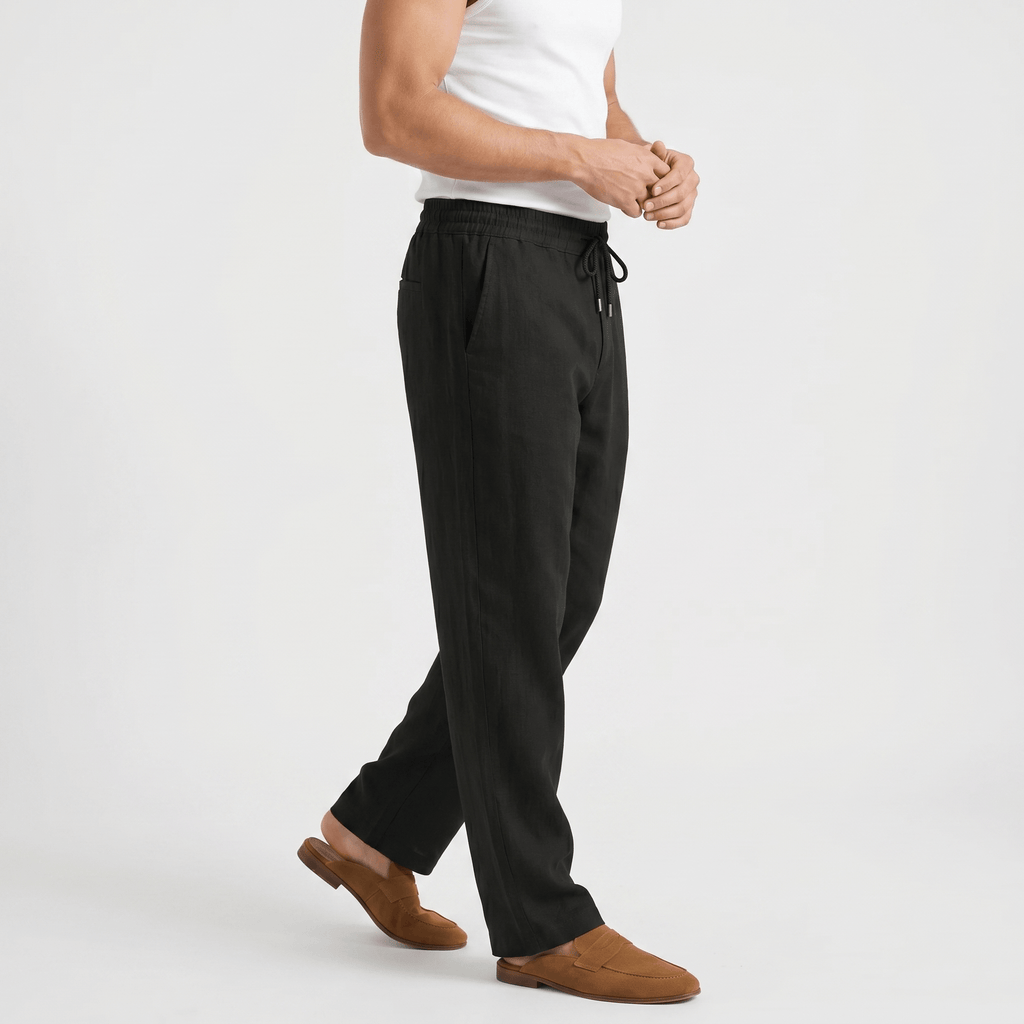 Rafael Drawstring Linen Trousers – Smocked Elastic Waist Straight Leg Relaxed Casual Bottoms