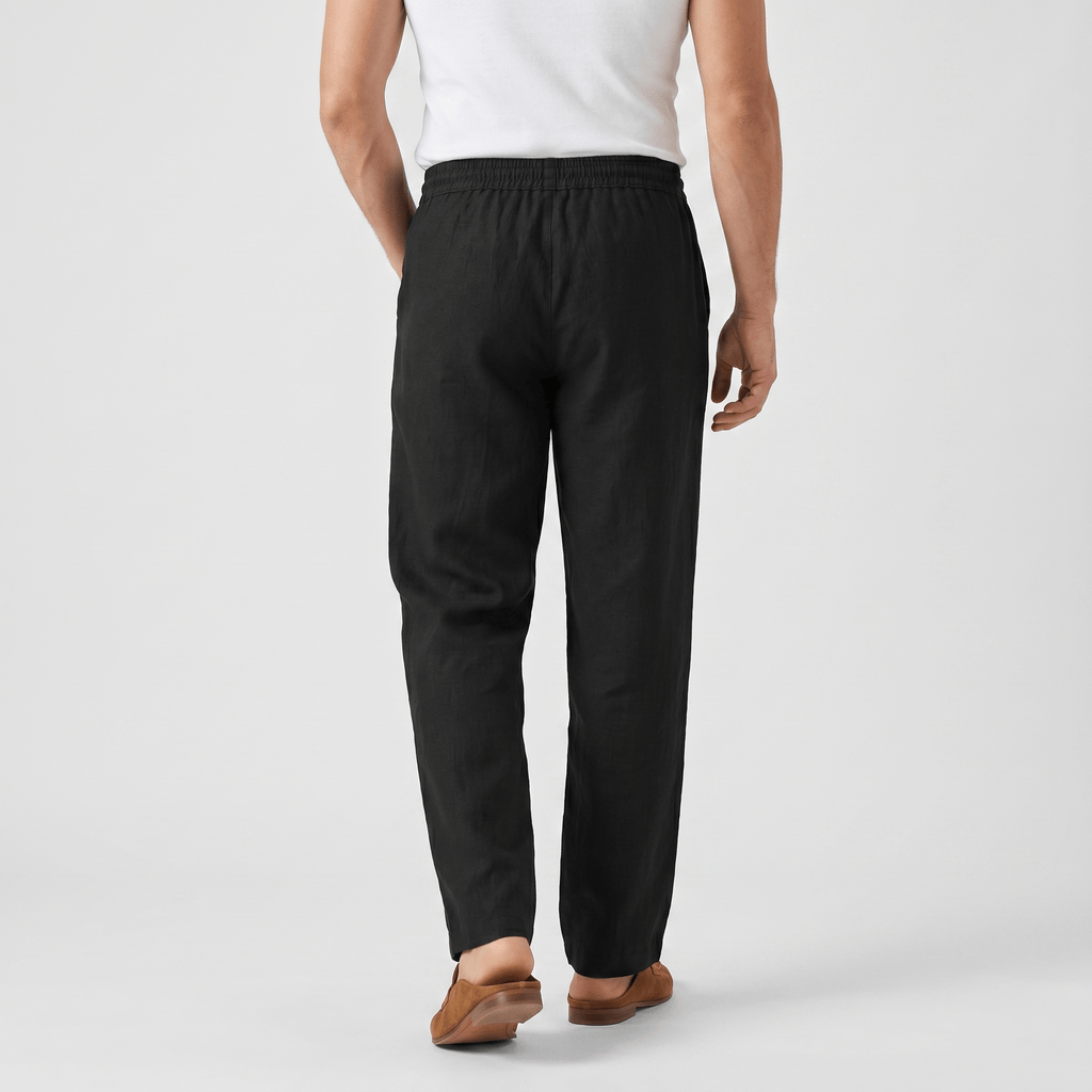 Rafael Drawstring Linen Trousers – Smocked Elastic Waist Straight Leg Relaxed Casual Bottoms