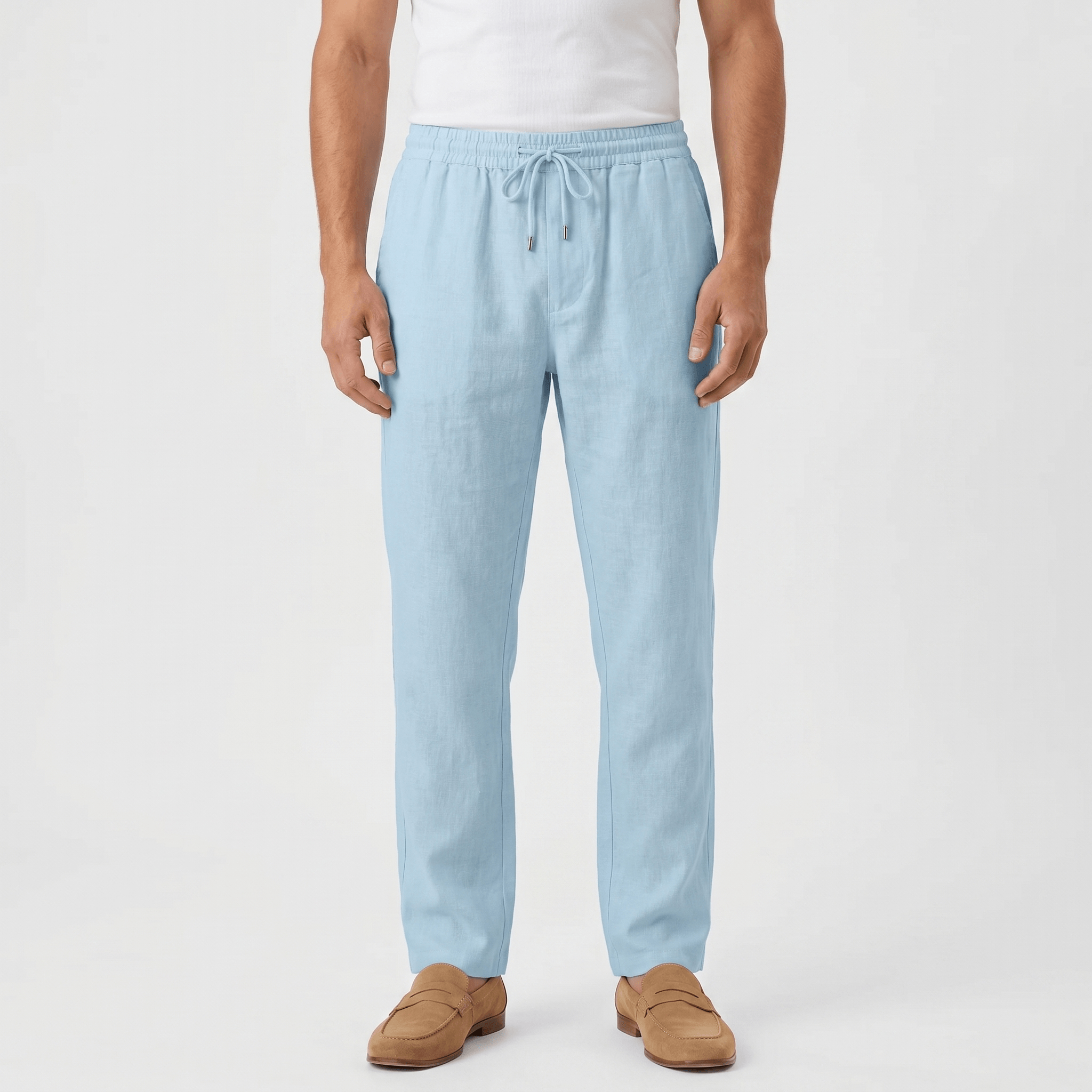 Rafael Drawstring Linen Trousers – Smocked Elastic Waist Straight Leg Relaxed Casual Bottoms