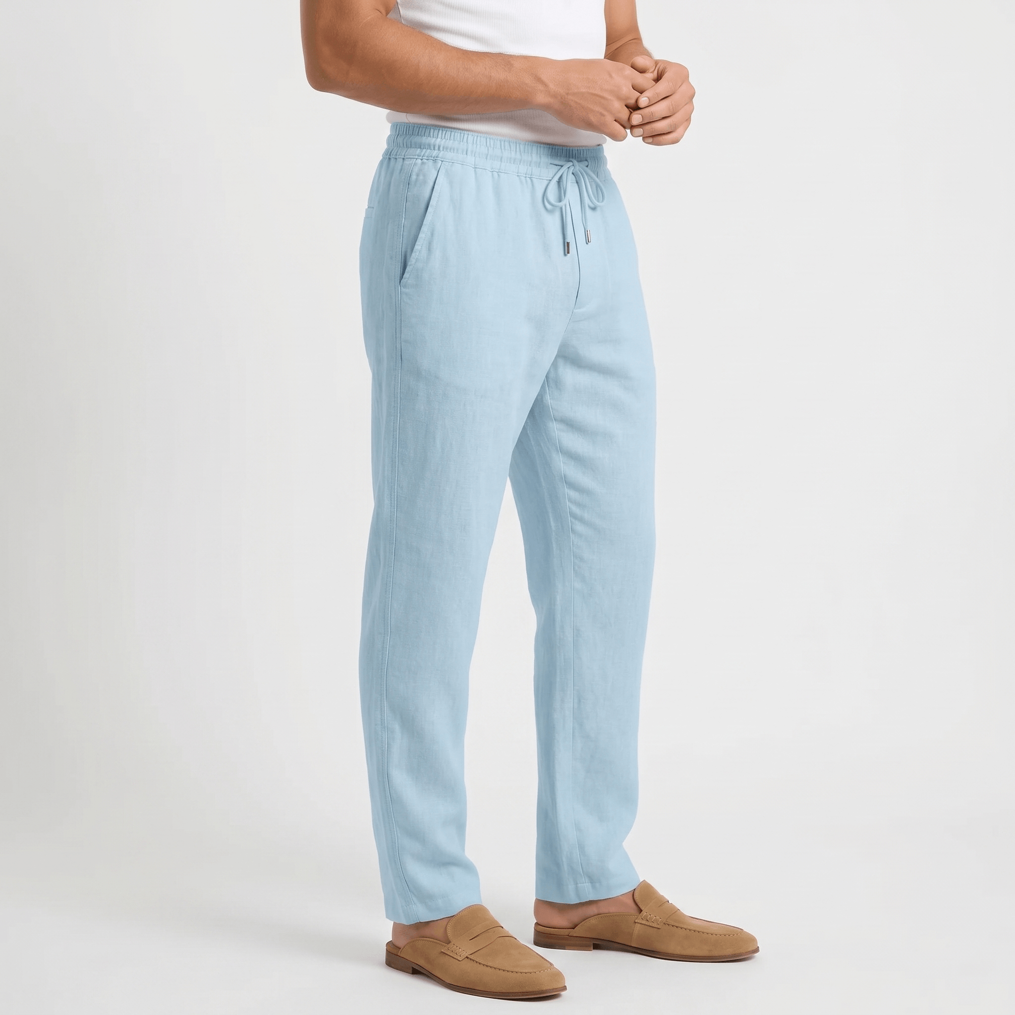 Rafael Drawstring Linen Trousers – Smocked Elastic Waist Straight Leg Relaxed Casual Bottoms