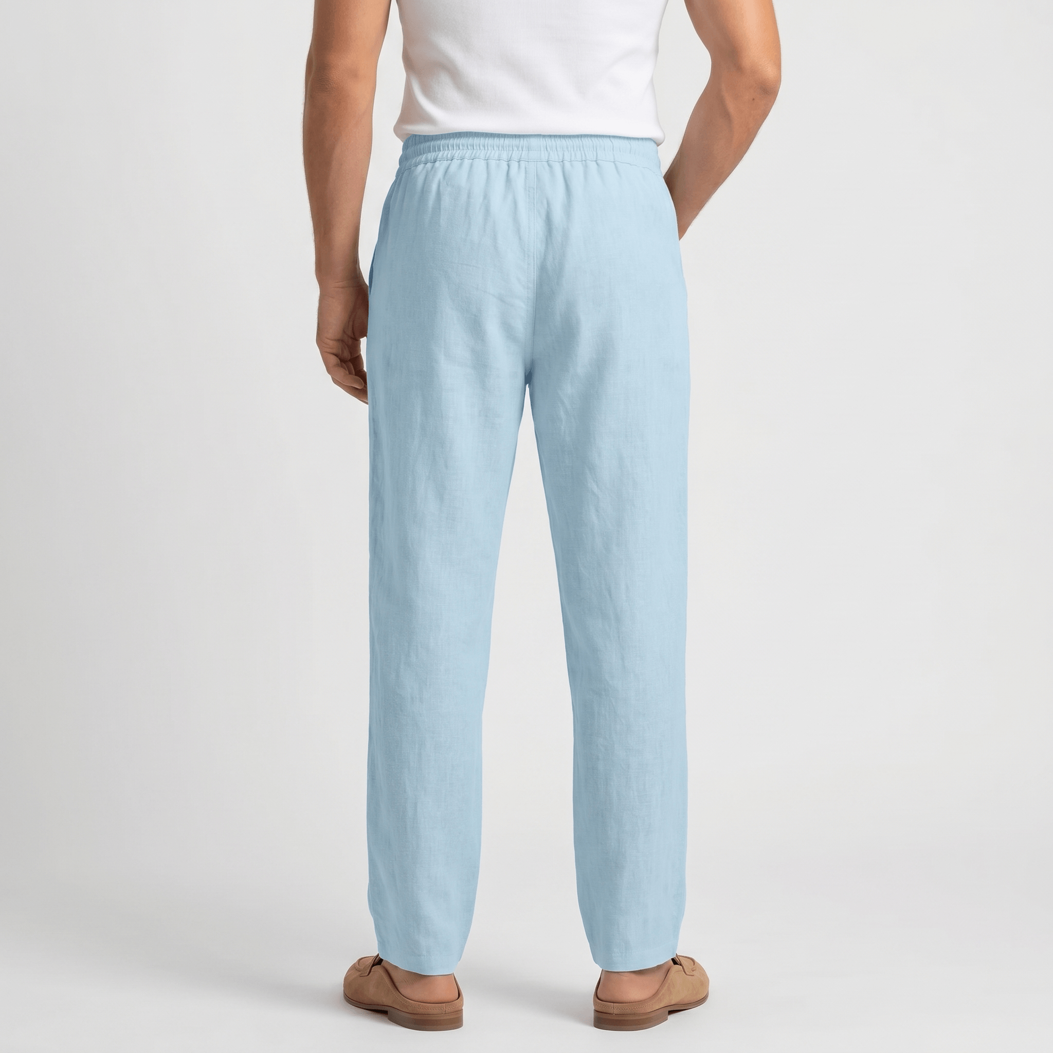 Rafael Drawstring Linen Trousers – Smocked Elastic Waist Straight Leg Relaxed Casual Bottoms
