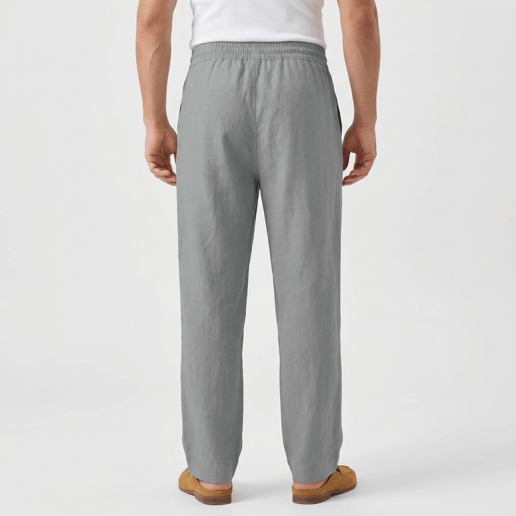 Rafael Drawstring Linen Trousers – Smocked Elastic Waist Straight Leg Relaxed Casual Bottoms