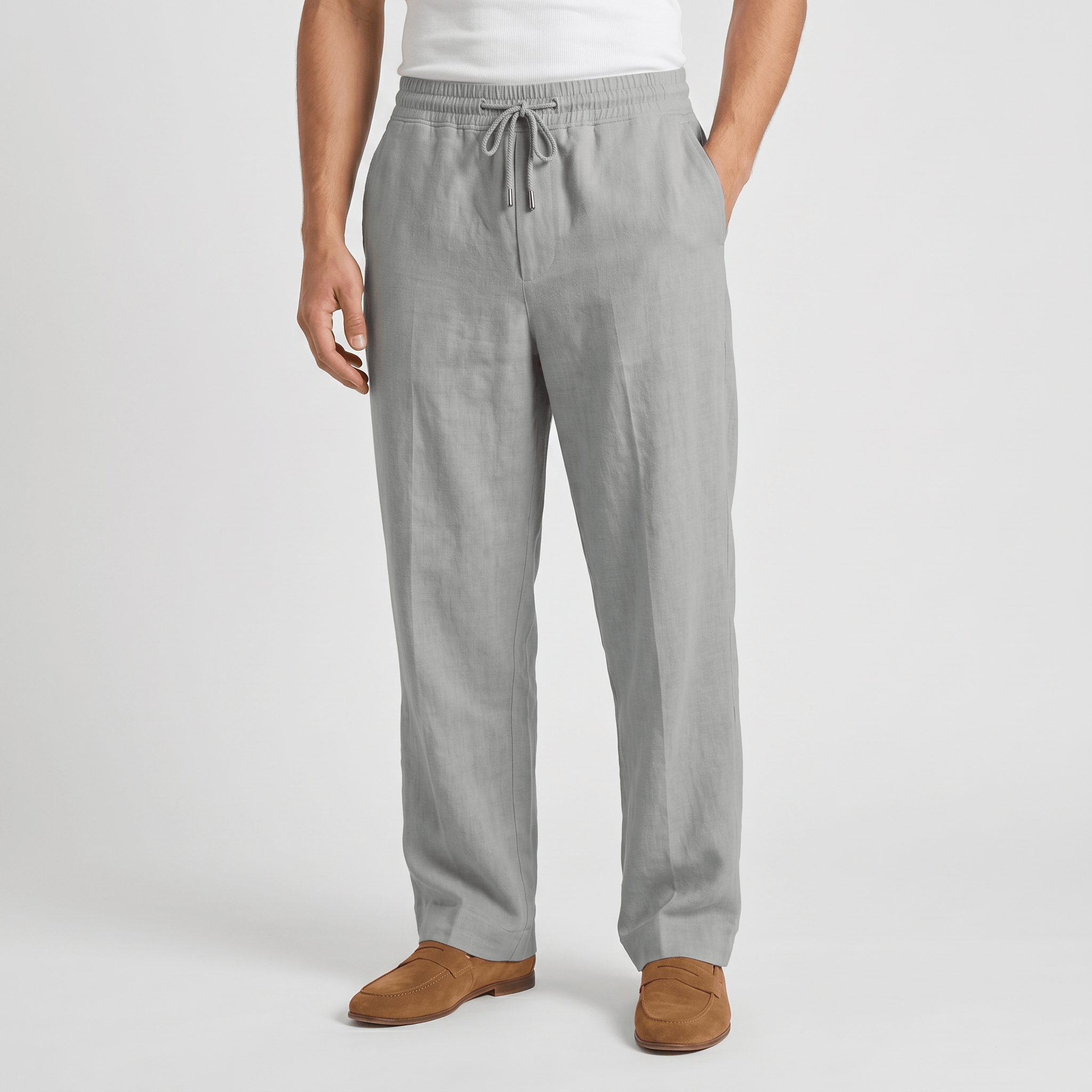 Rafael Drawstring Linen Trousers – Smocked Elastic Waist Straight Leg Relaxed Casual Bottoms