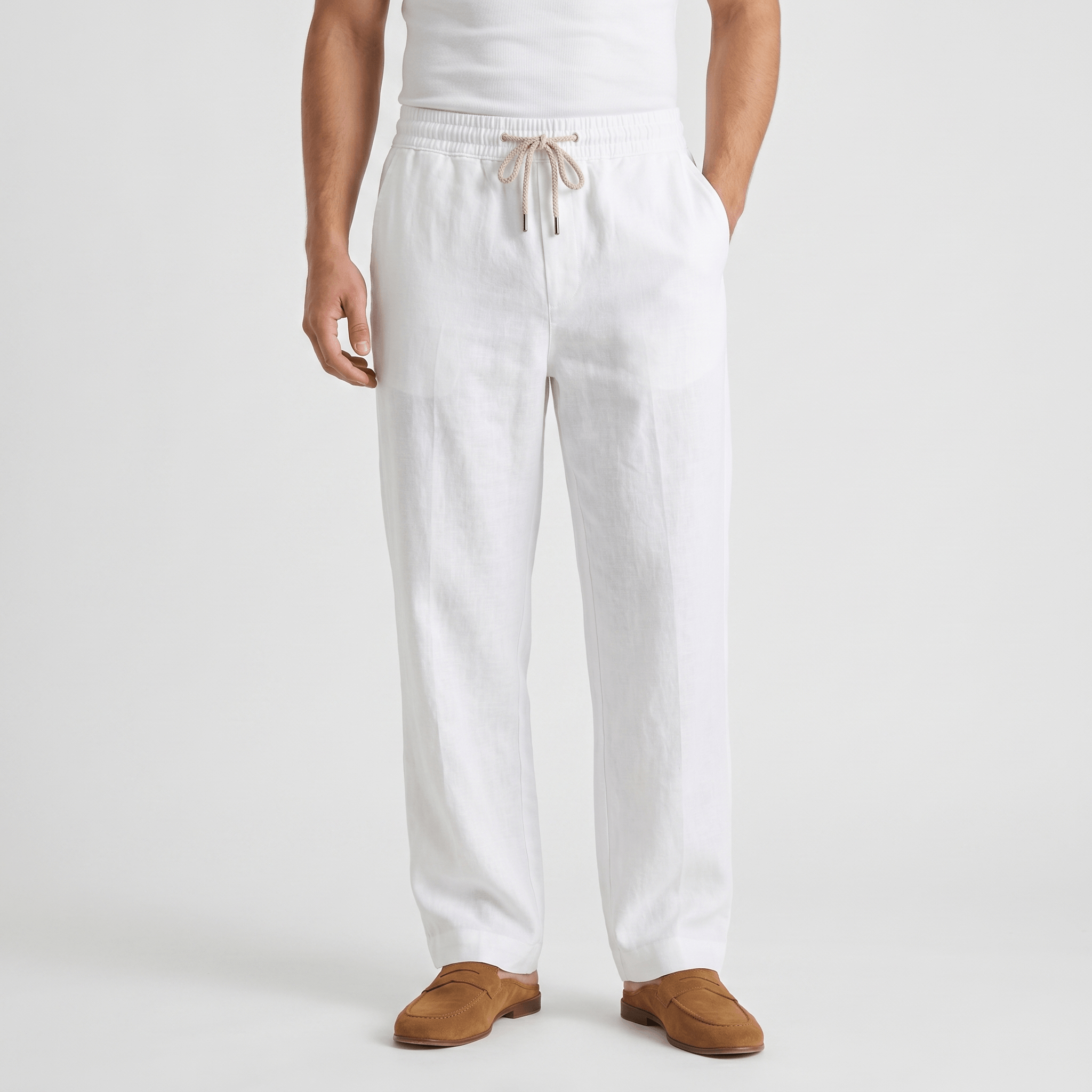 Rafael Drawstring Linen Trousers – Smocked Elastic Waist Straight Leg Relaxed Casual Bottoms