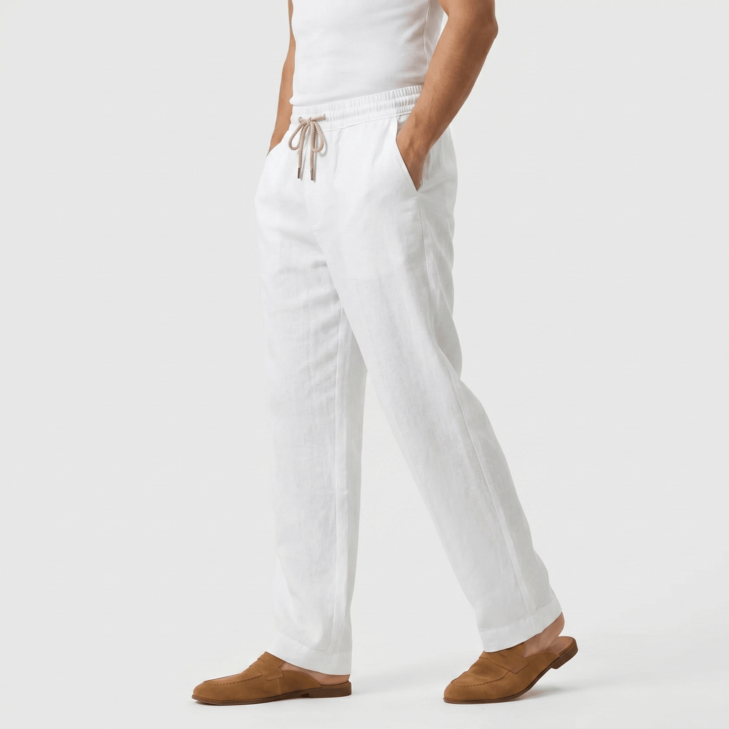 Rafael Drawstring Linen Trousers – Smocked Elastic Waist Straight Leg Relaxed Casual Bottoms