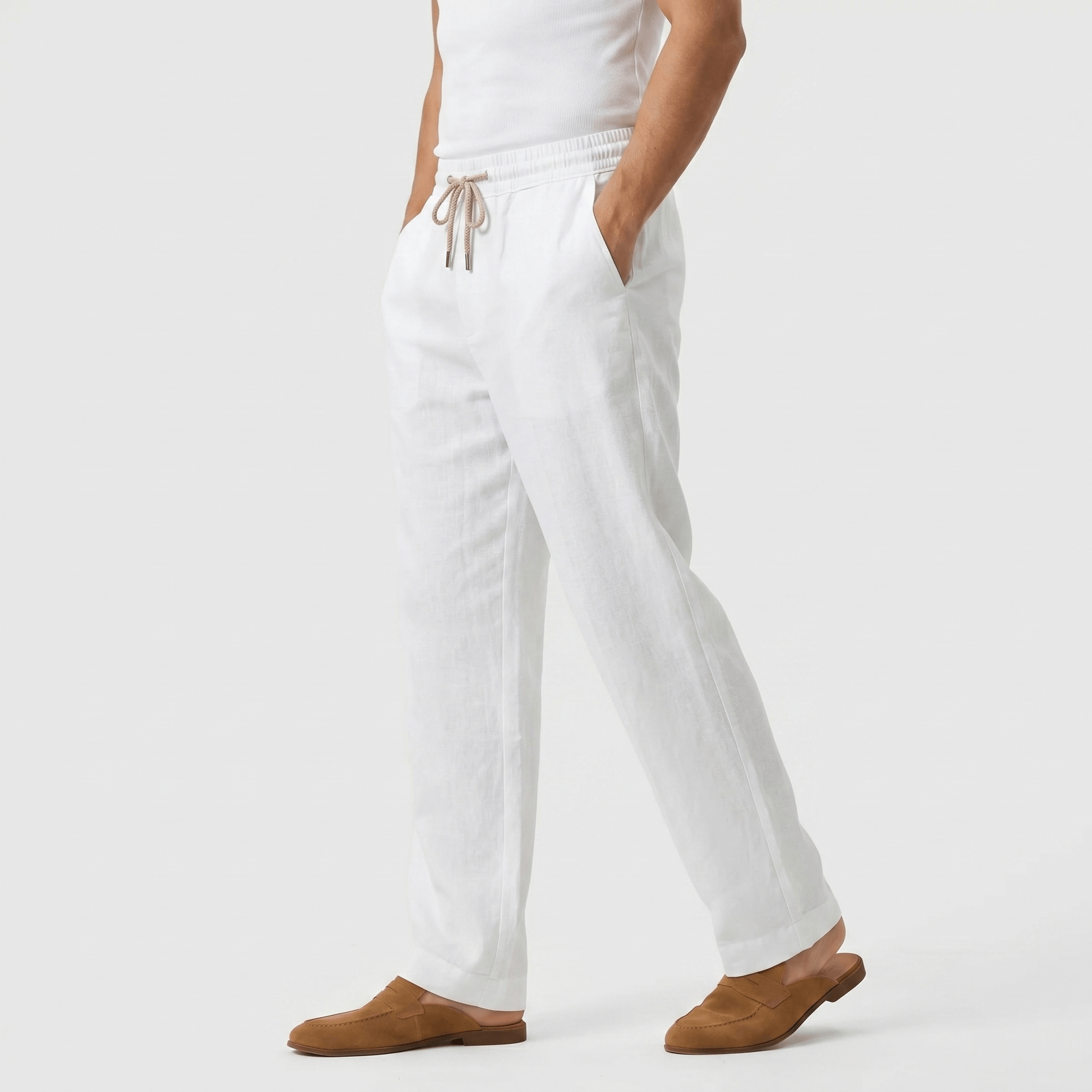 Rafael Drawstring Linen Trousers – Smocked Elastic Waist Straight Leg Relaxed Casual Bottoms