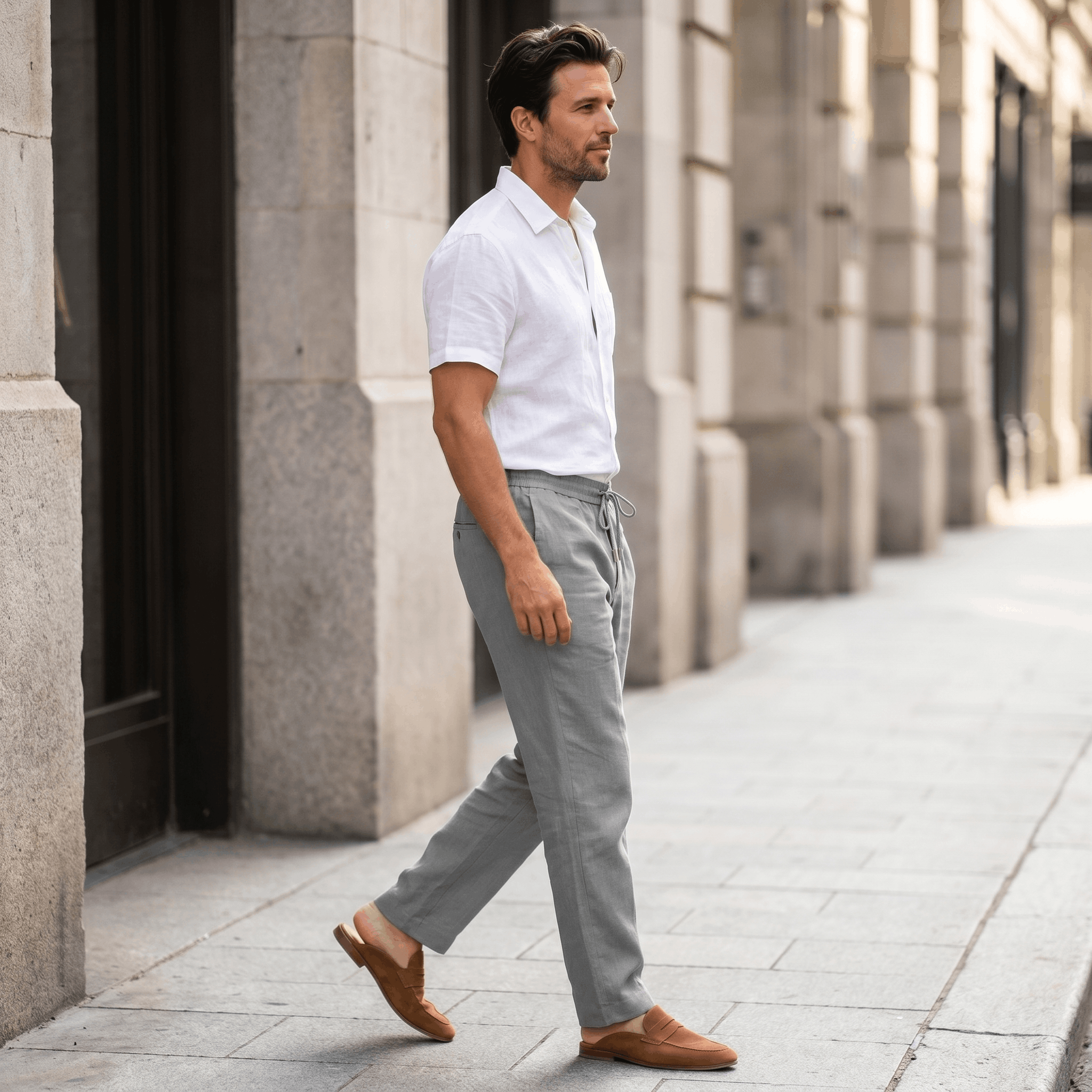 Rafael Drawstring Linen Trousers – Smocked Elastic Waist Straight Leg Relaxed Casual Bottoms