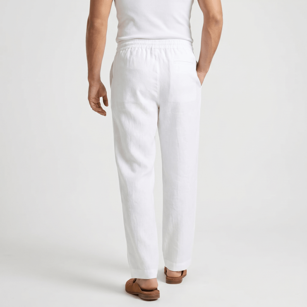 Rafael Drawstring Linen Trousers – Smocked Elastic Waist Straight Leg Relaxed Casual Bottoms