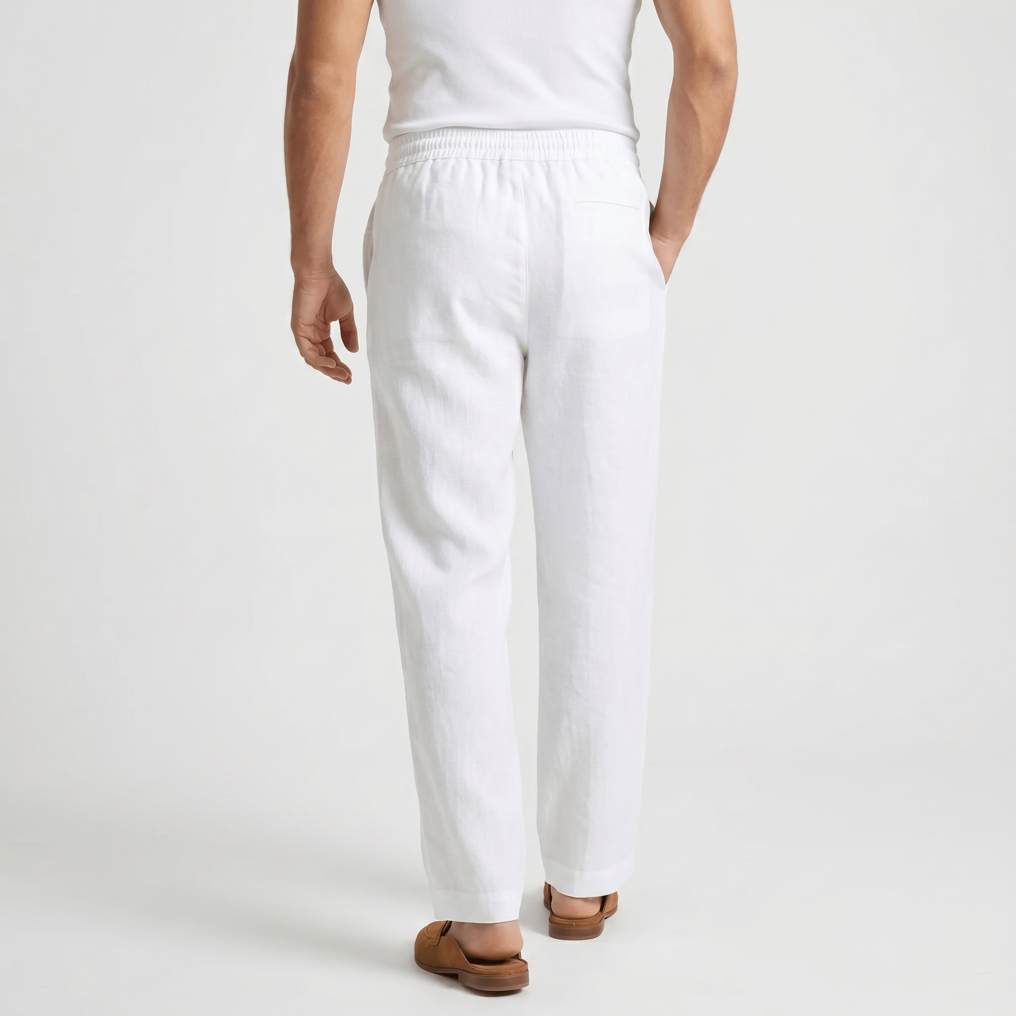 Rafael Drawstring Linen Trousers – Smocked Elastic Waist Straight Leg Relaxed Casual Bottoms