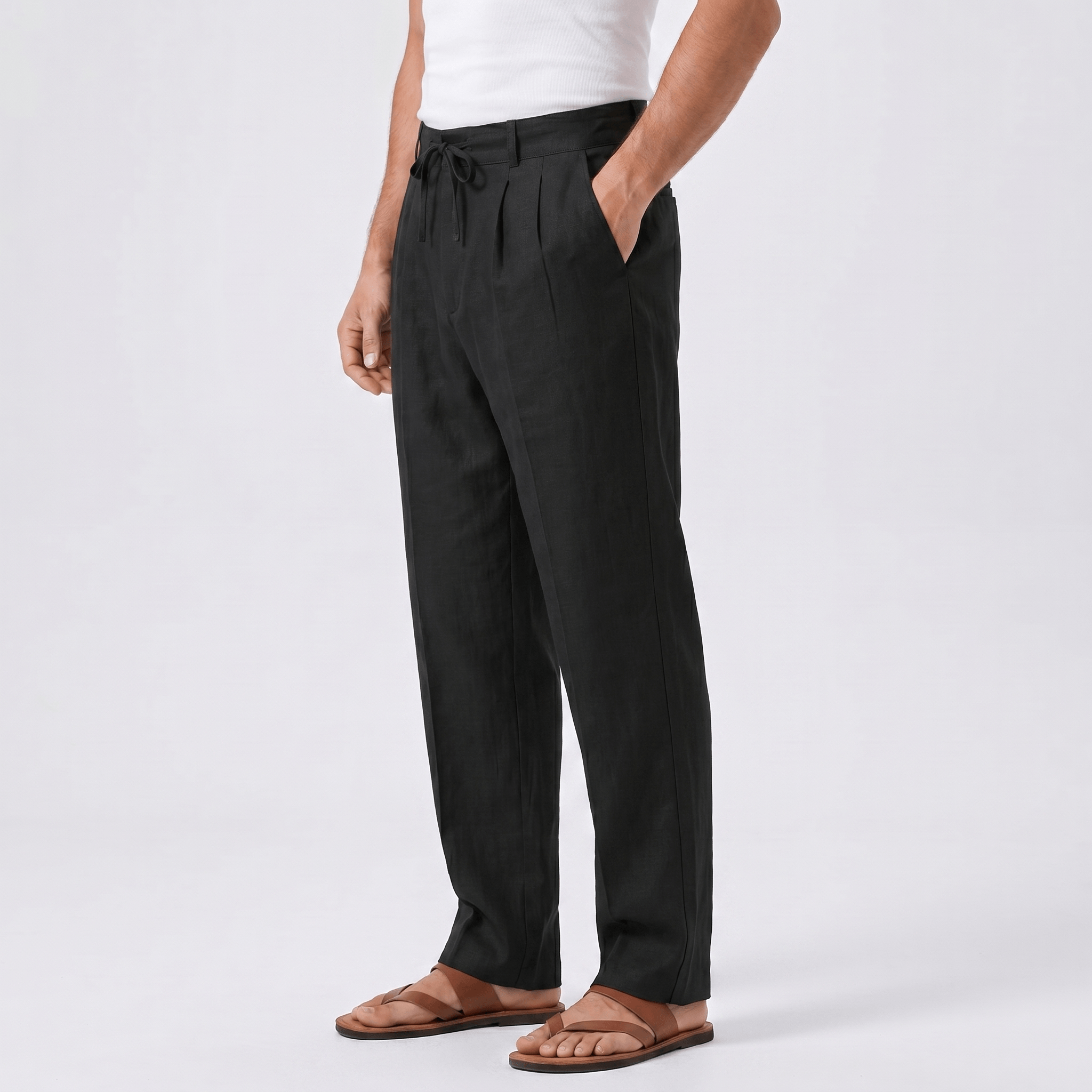 Dante Linen Blend Wide Leg Trousers – Pleated Front Drawstring High Waist Casual Smart Bottoms