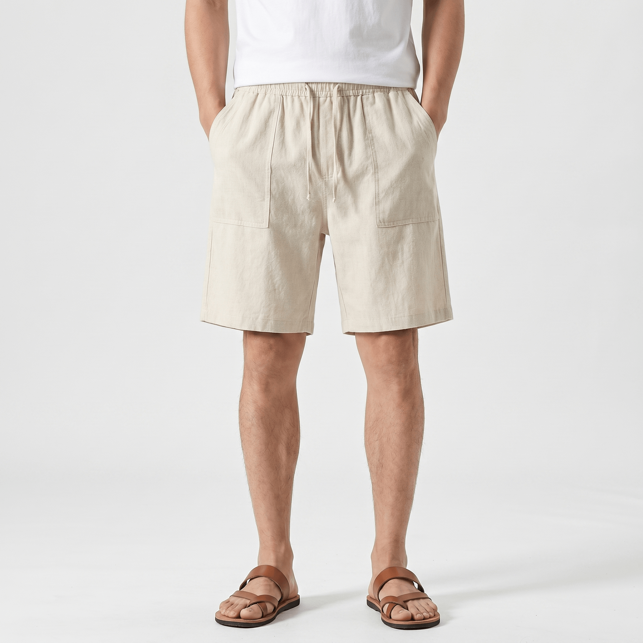 Ben Casual Linen Shorts – Elastic Drawstring Waist Side Pocket Relaxed Summer Bottoms