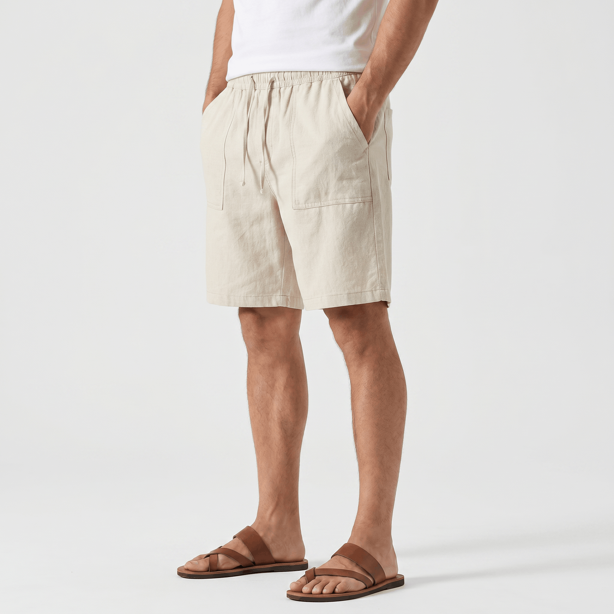 Ben Casual Linen Shorts – Elastic Drawstring Waist Side Pocket Relaxed Summer Bottoms