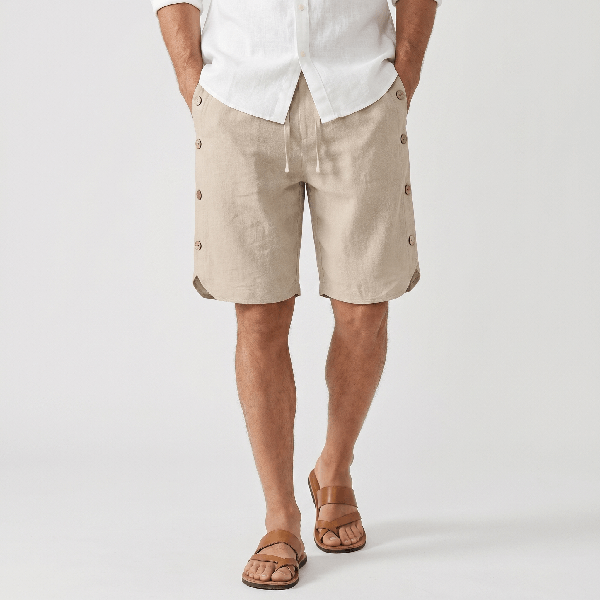 Stefan Cotton Linen Pants – Drawstring Side Button Relaxed Summer Bottoms