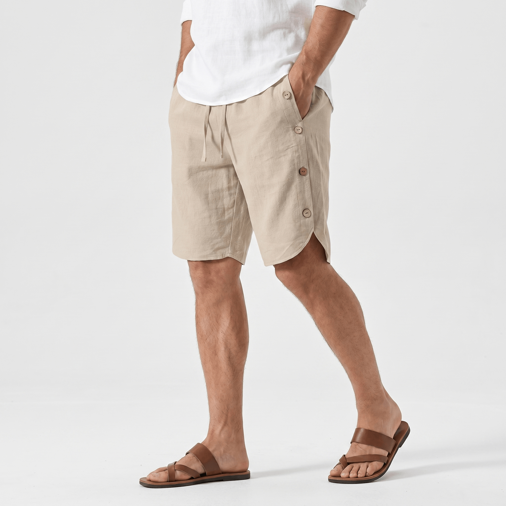Stefan Cotton Linen Pants – Drawstring Side Button Relaxed Summer Bottoms